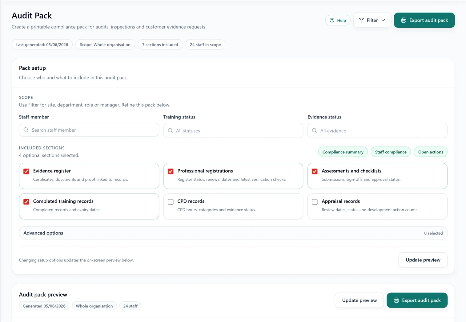 SkillProof Audit Pack preview showing audit-ready reporting sections.