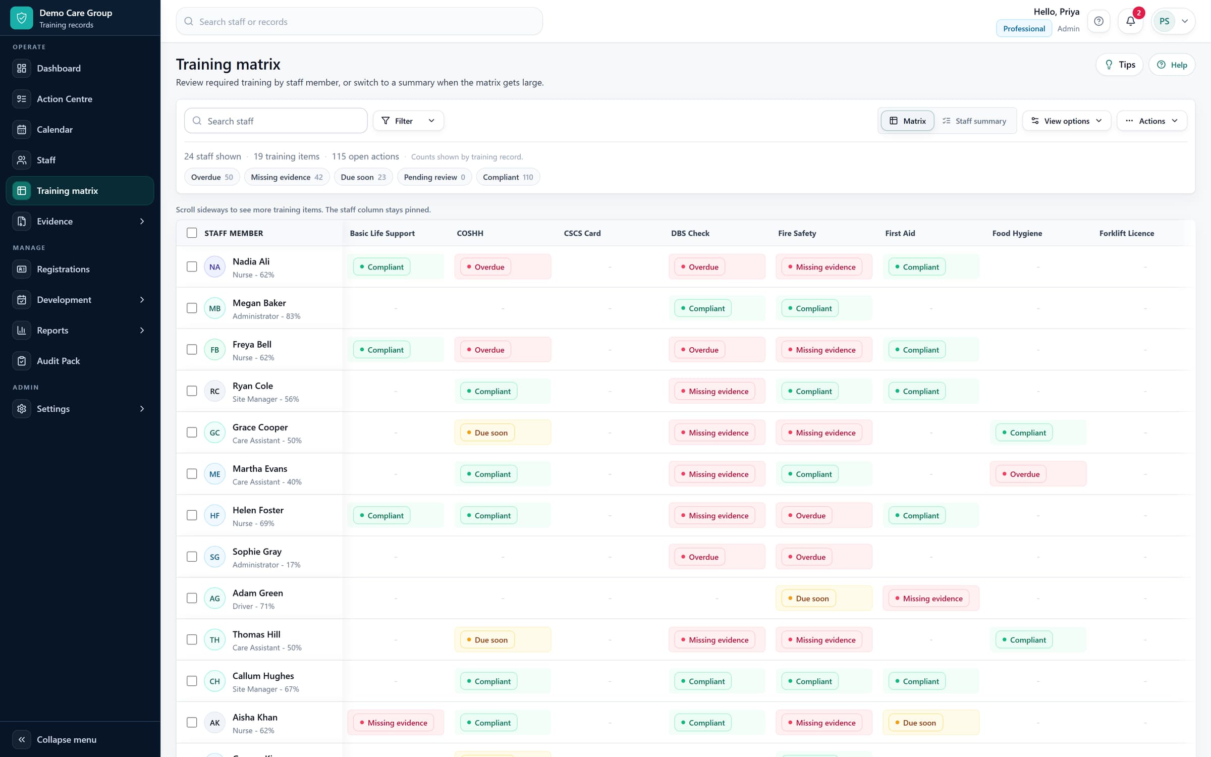 SkillProof Training Matrix showing safe demo staff rows and training status.
