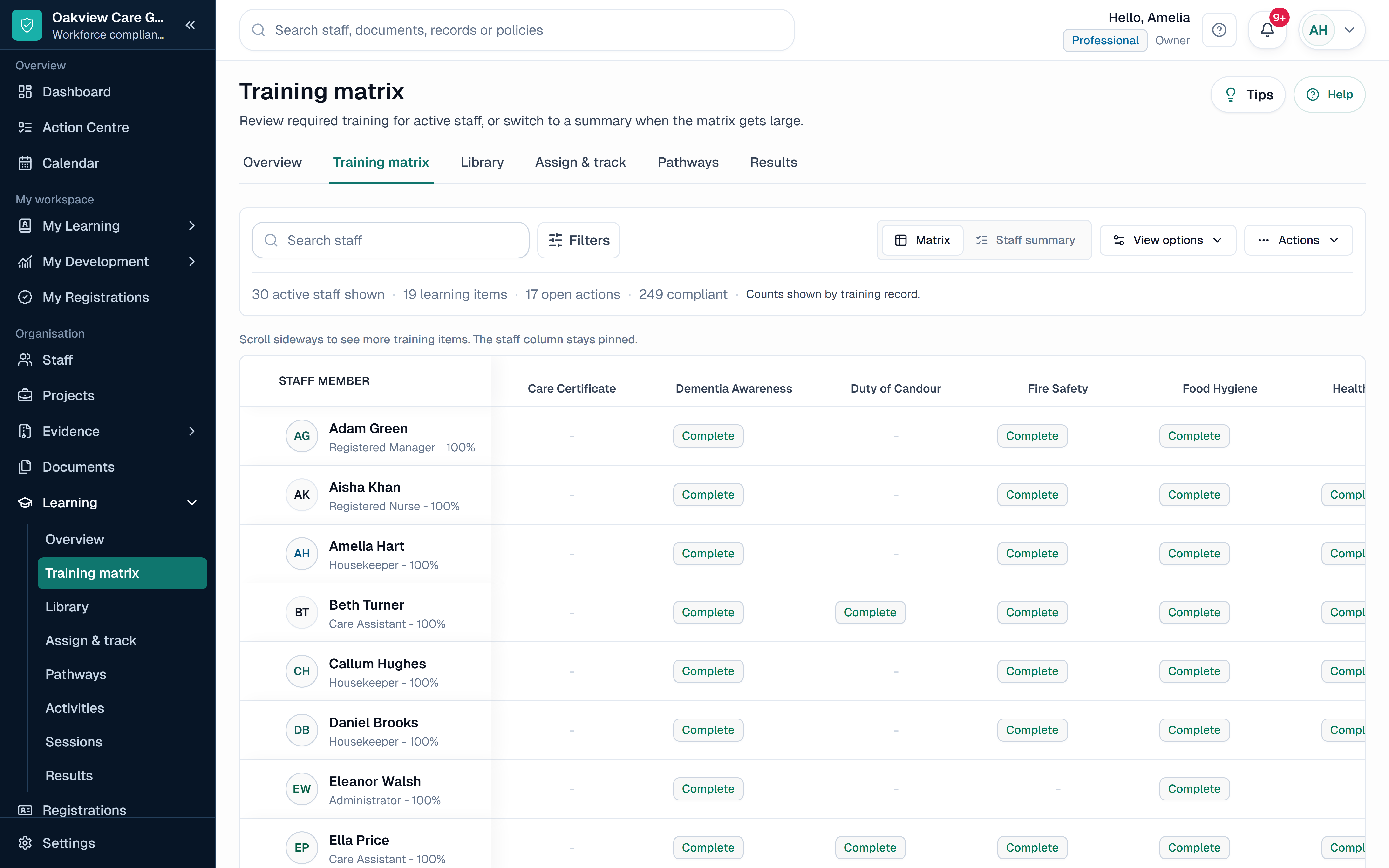 SkillProof Training Matrix showing fictional care-home training records in a sector-specific workspace.