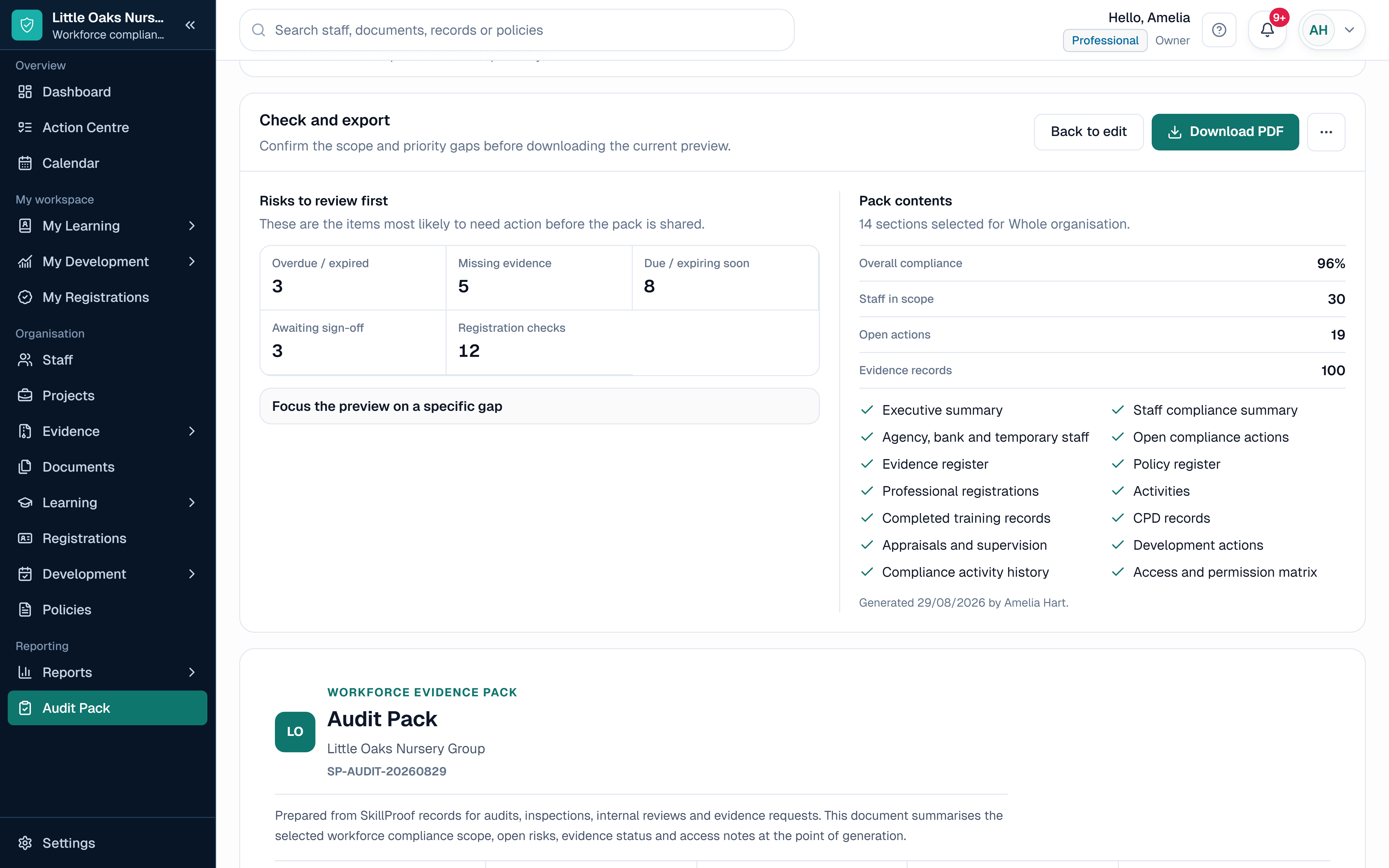SkillProof Audit Pack showing fictional early years setting and group workforce records in a sector-specific workspace.