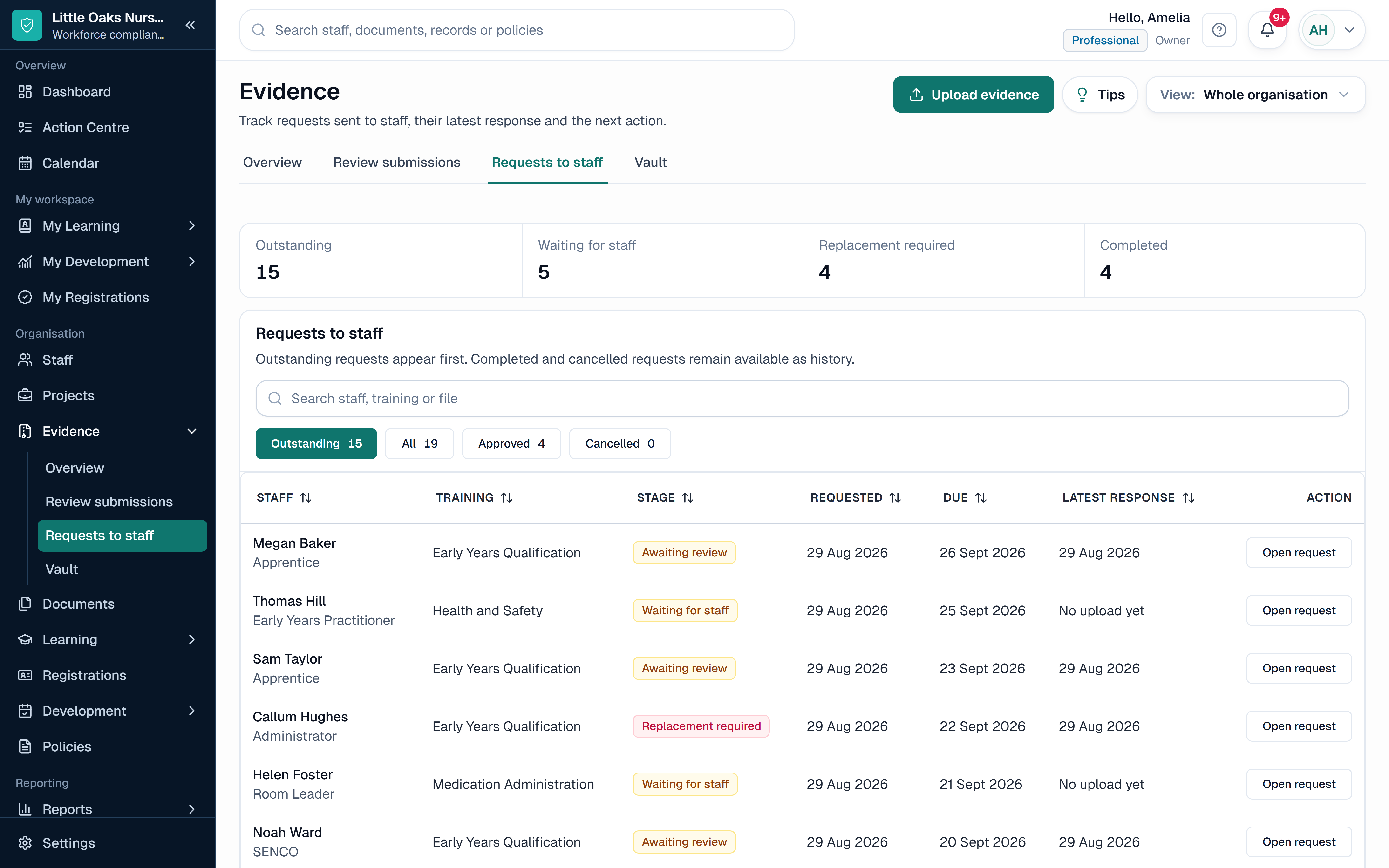 SkillProof Evidence and certificates showing fictional early years certificate and qualification evidence records in a sector-specific workspace.