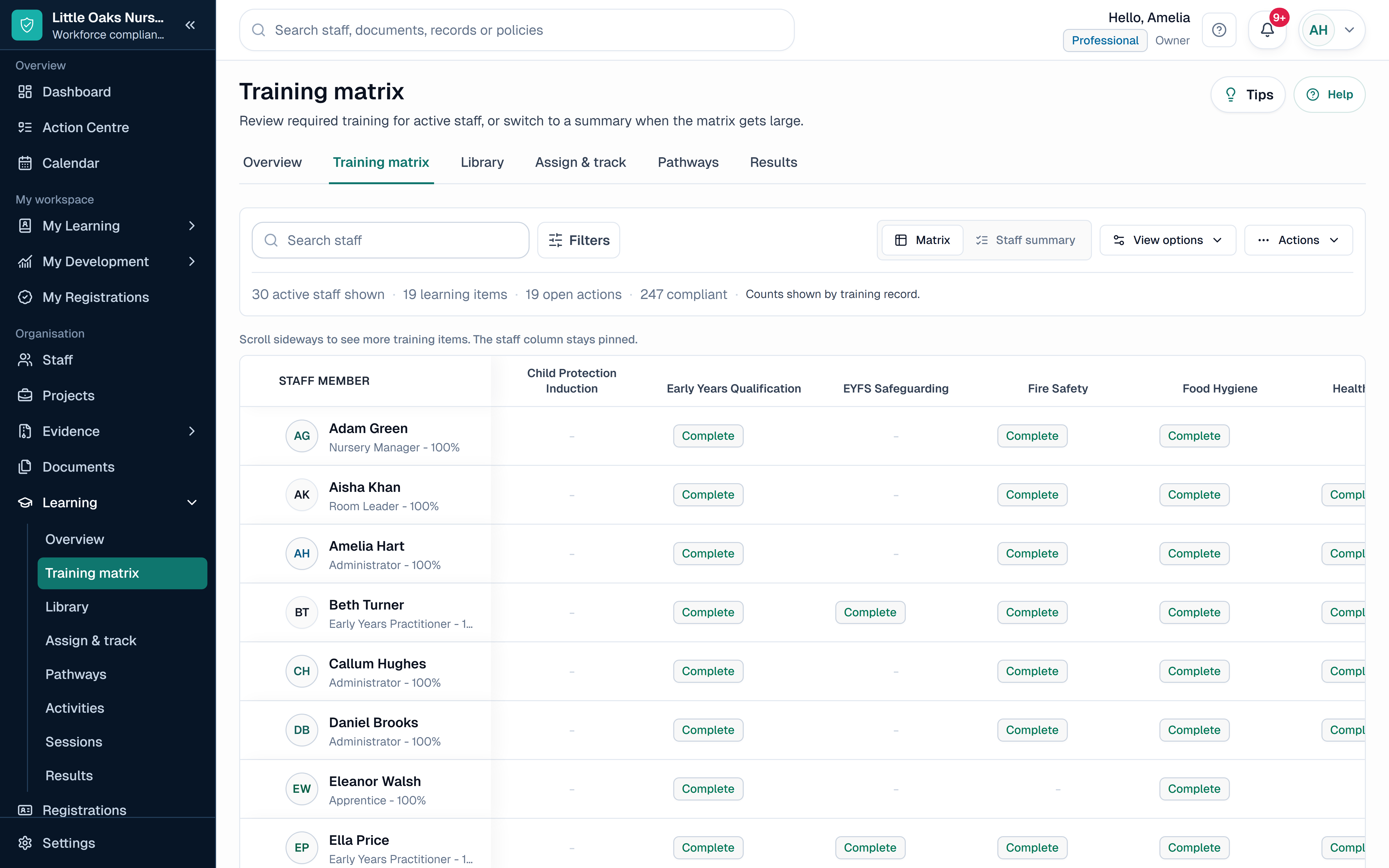 SkillProof Training Matrix showing fictional EYFS safeguarding, first-aid and qualification records in a sector-specific workspace.
