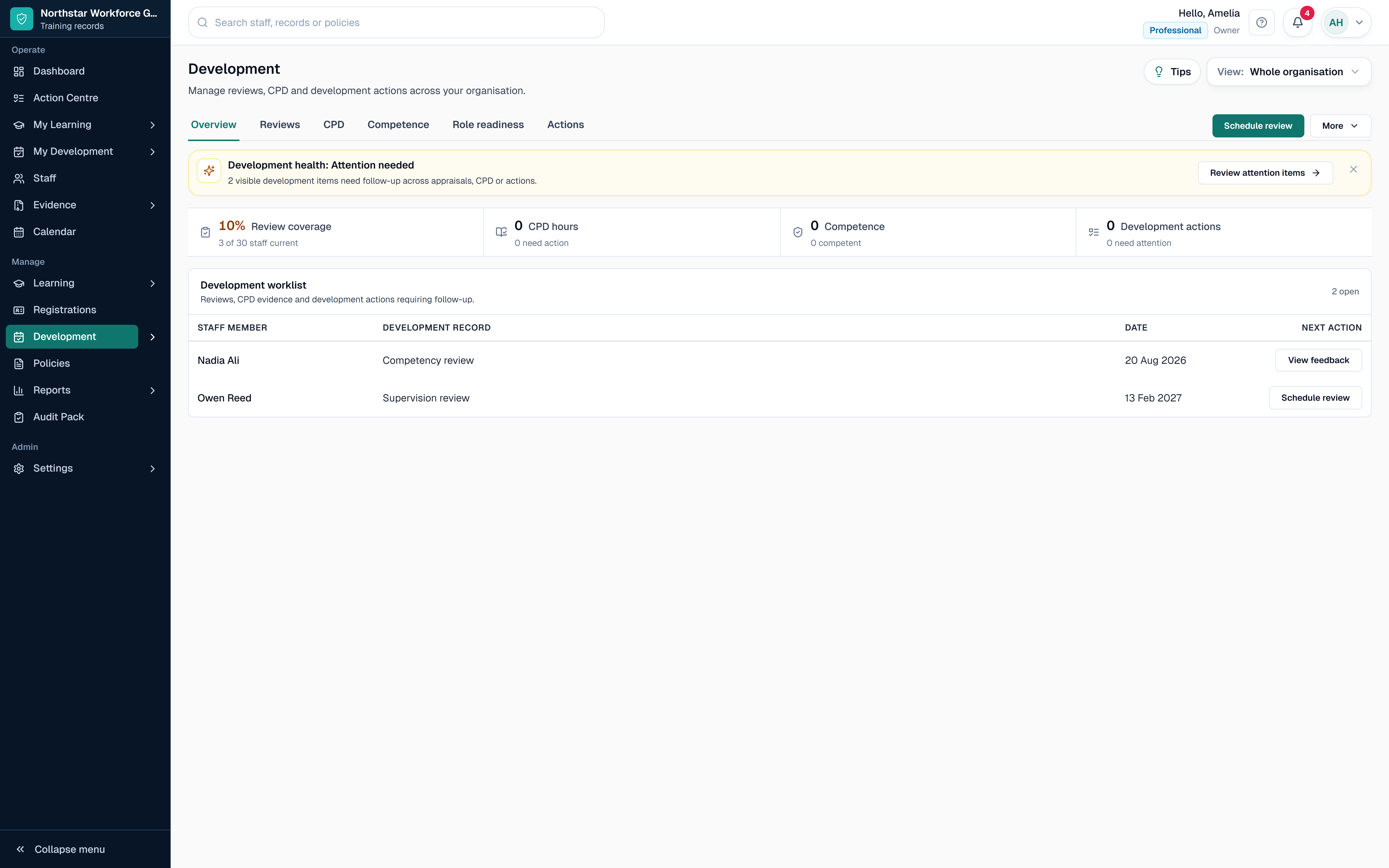 SkillProof Development workspace showing CPD, competence and appraisal follow-up using safe demo data.