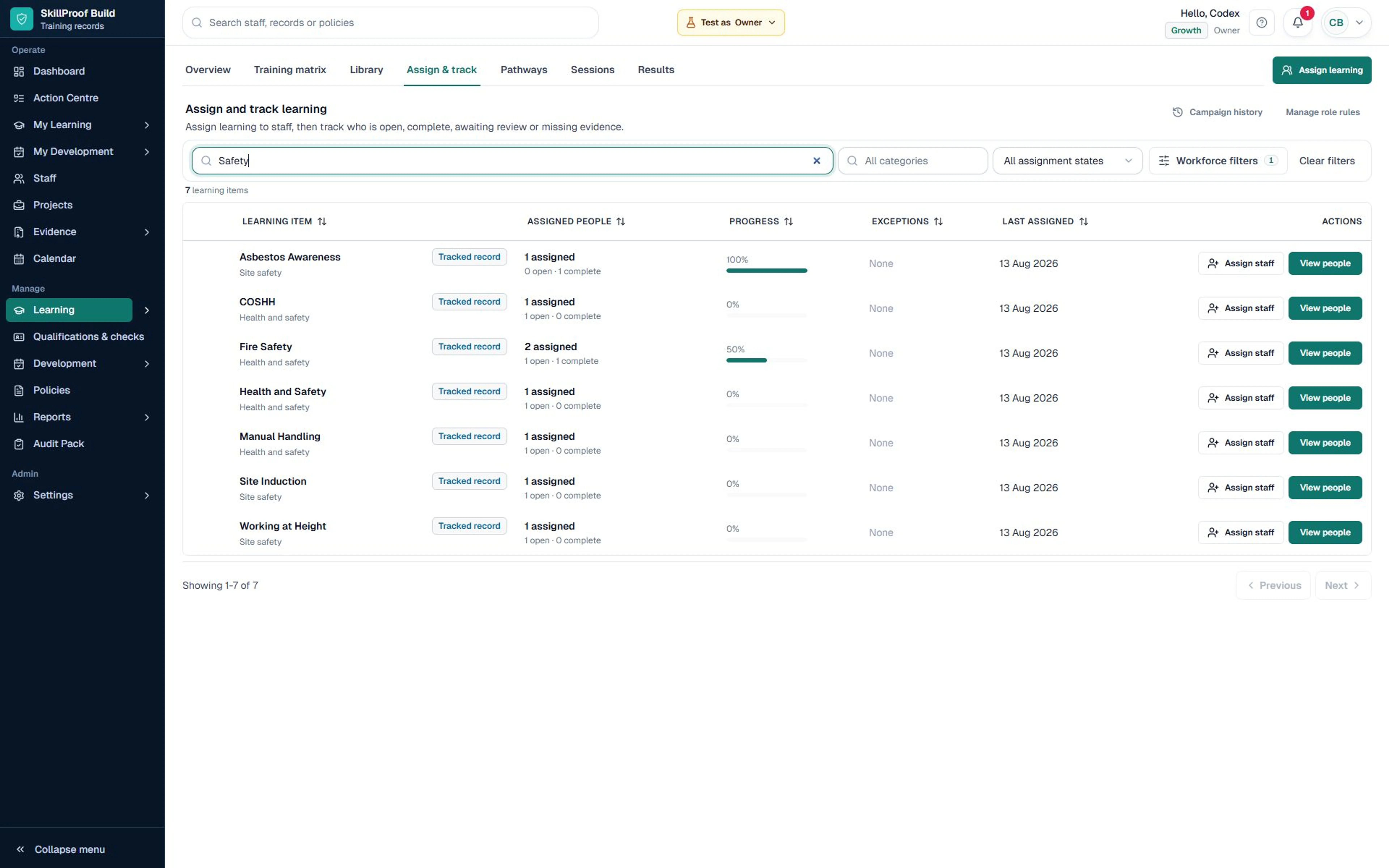 SkillProof Learning workspace showing assigned training, progress and follow-up using safe demo data.