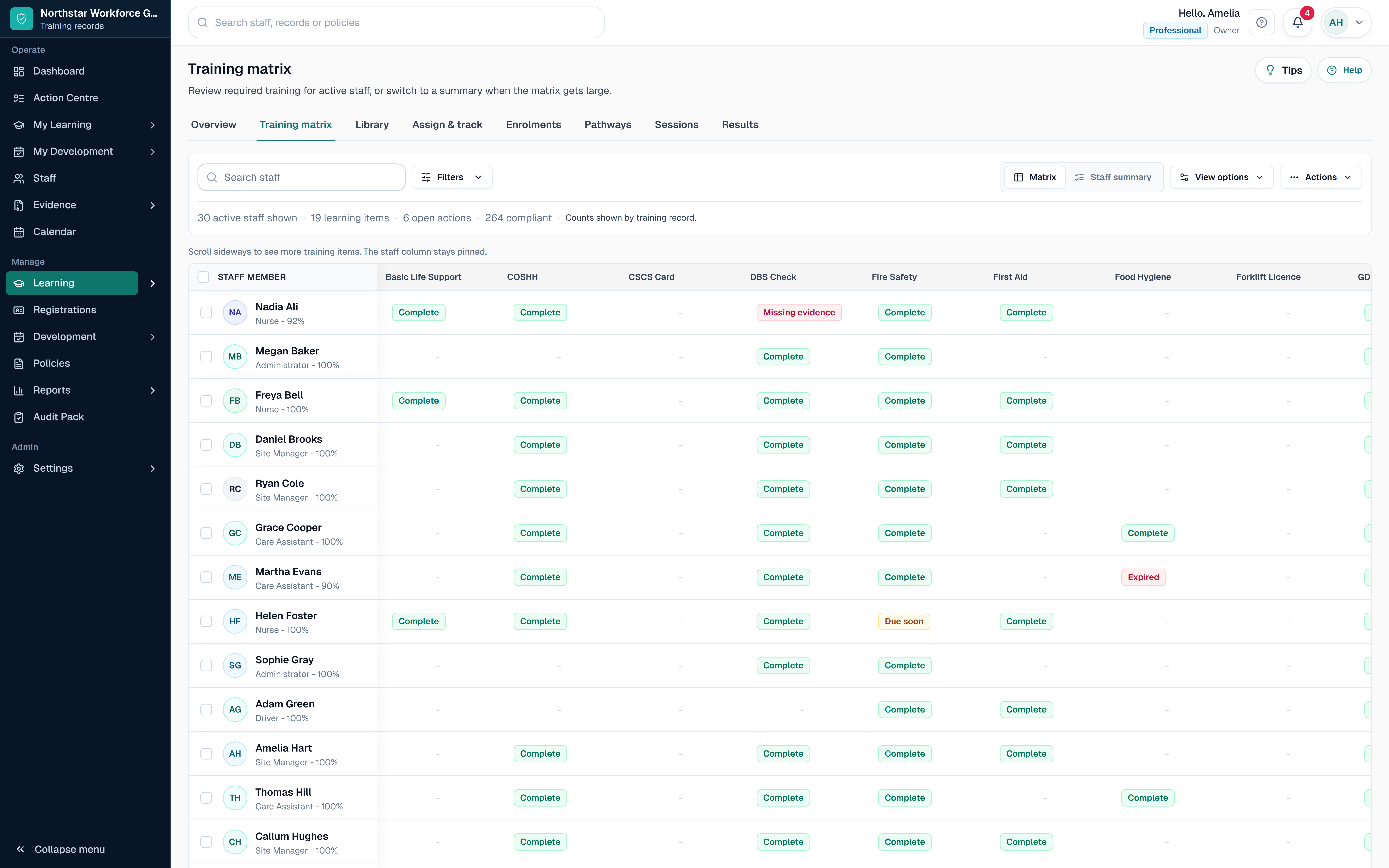 SkillProof Training Matrix showing training records and status visibility.