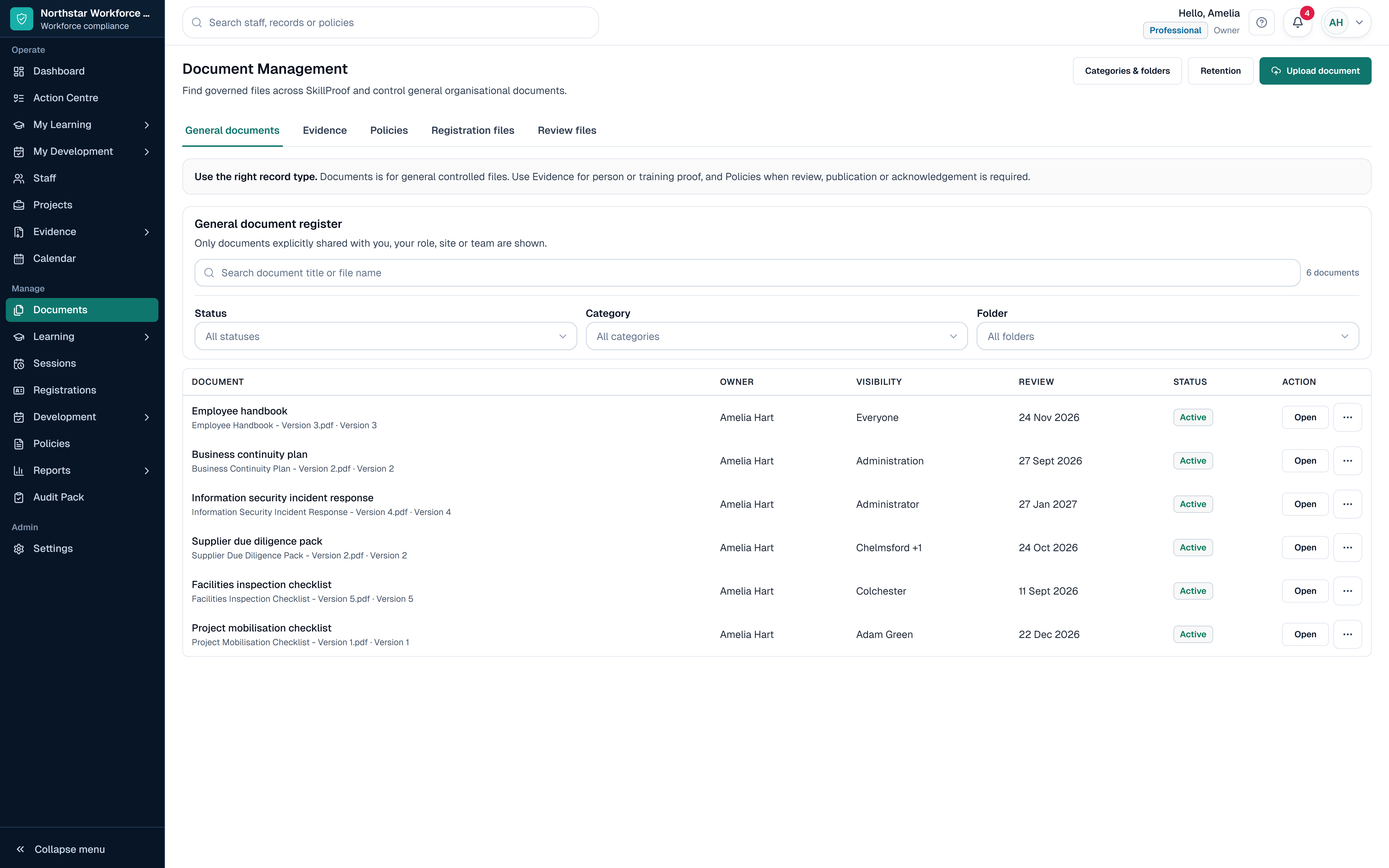 SkillProof Document Management workspace showing fictional general documents, owners, access targets and review dates.