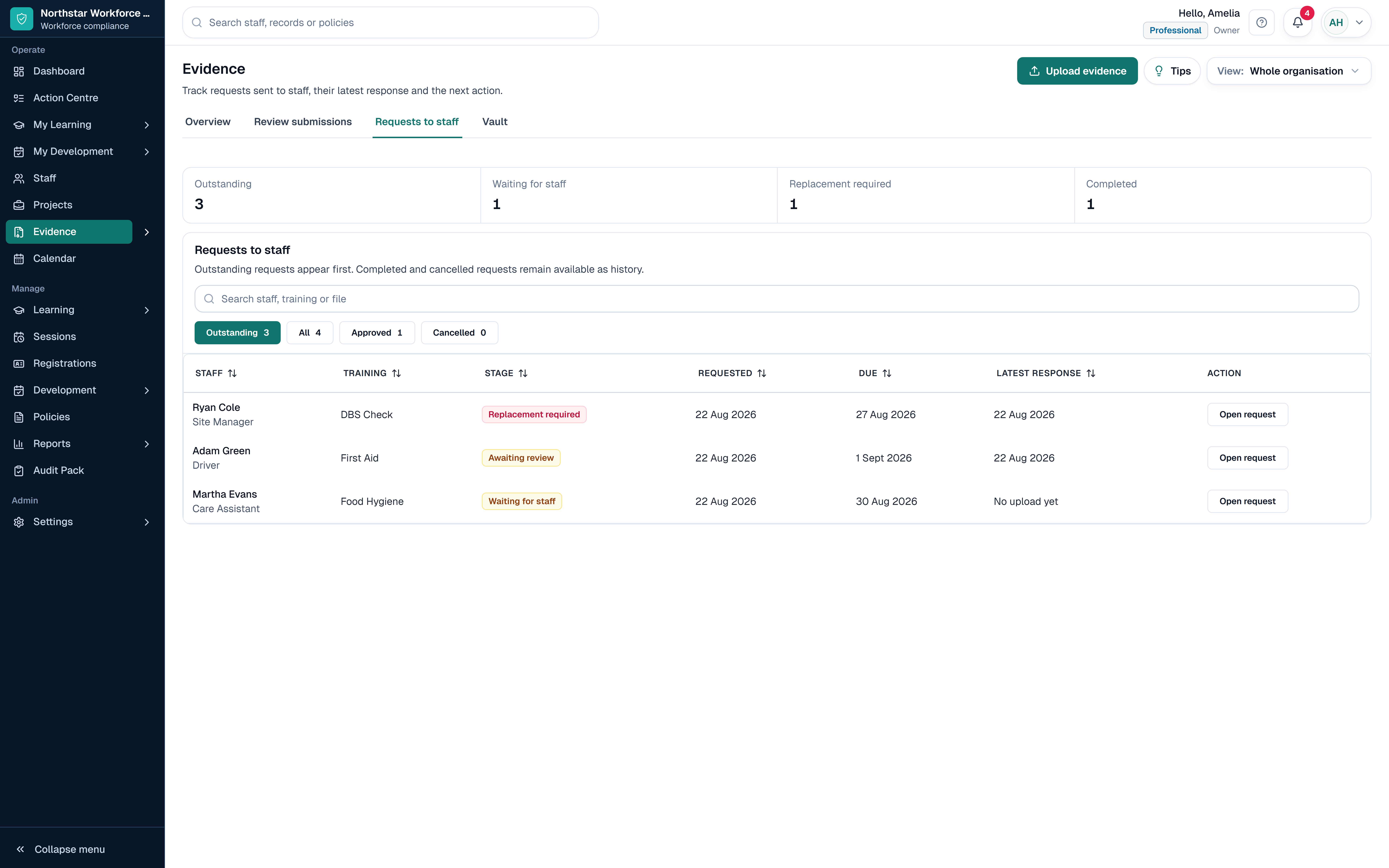 SkillProof evidence view showing evidence requests and review status using safe demo data.