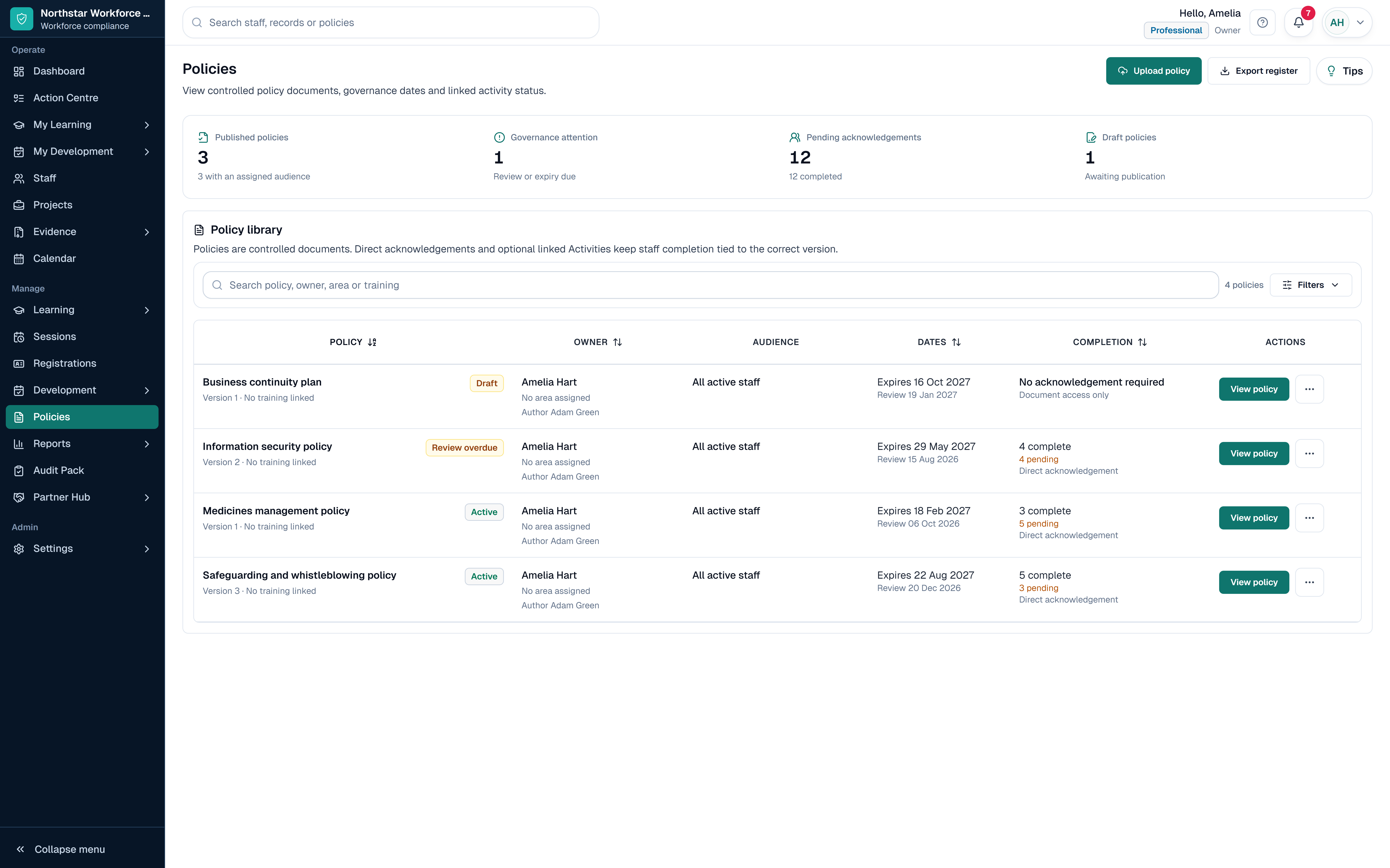 SkillProof Policies workspace showing current versions, owners and review dates using safe demo data.