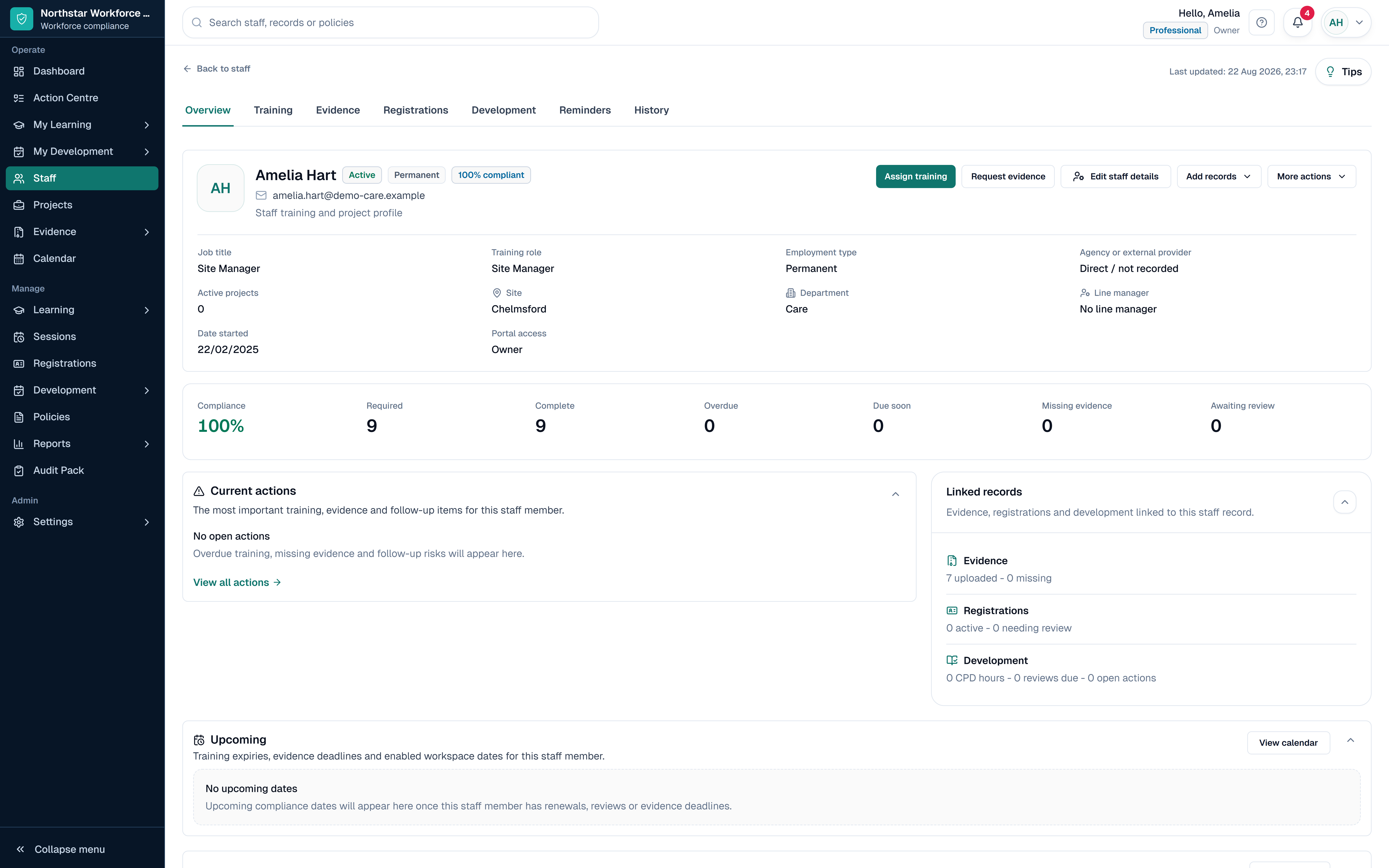 SkillProof staff profile showing training, evidence and compliance records for one person.