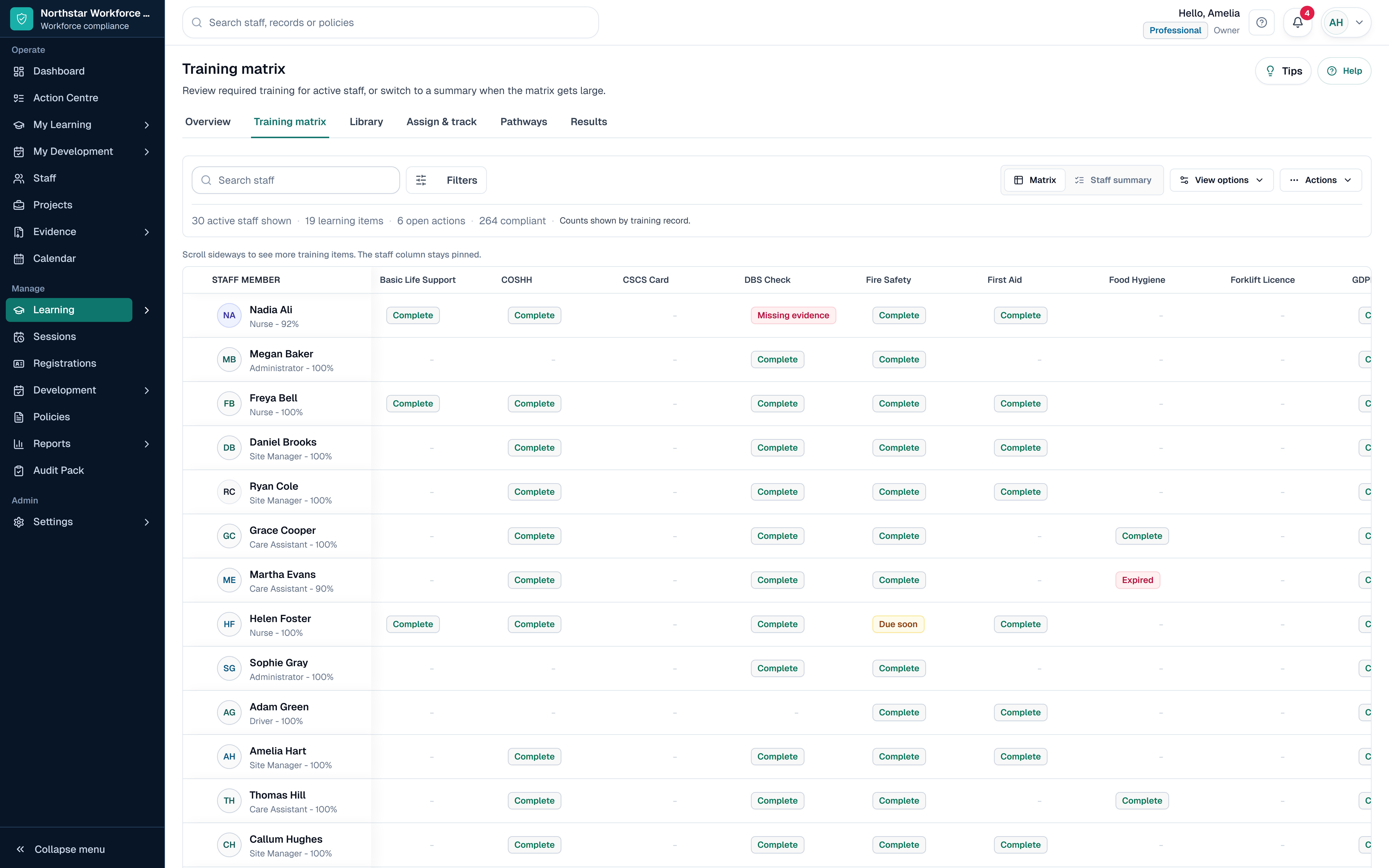 SkillProof Training Matrix showing safe demo staff rows and training status.