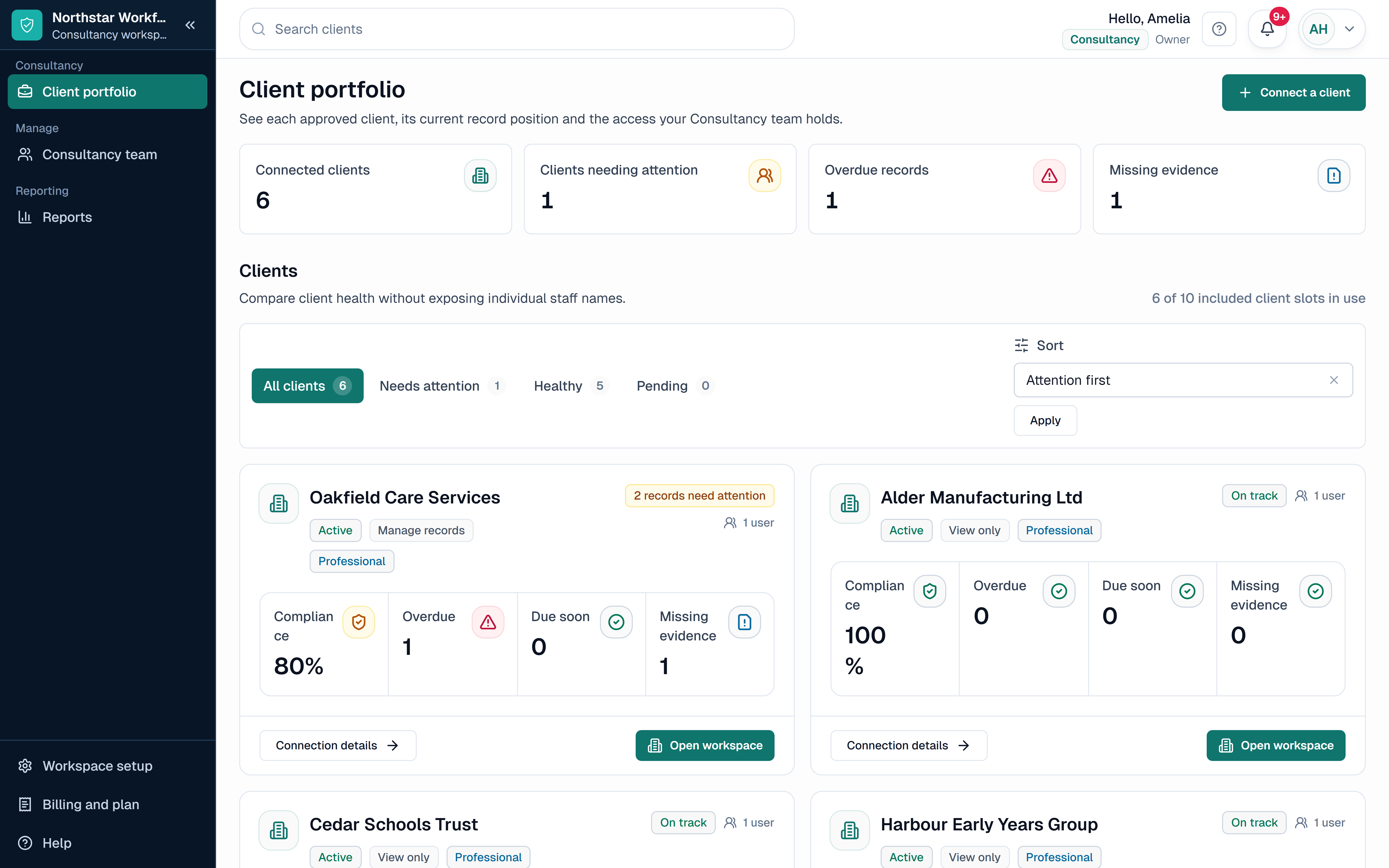 SkillProof Consultancy Workspace showing fictional client organisations, training and compliance alerts, and approved access levels.