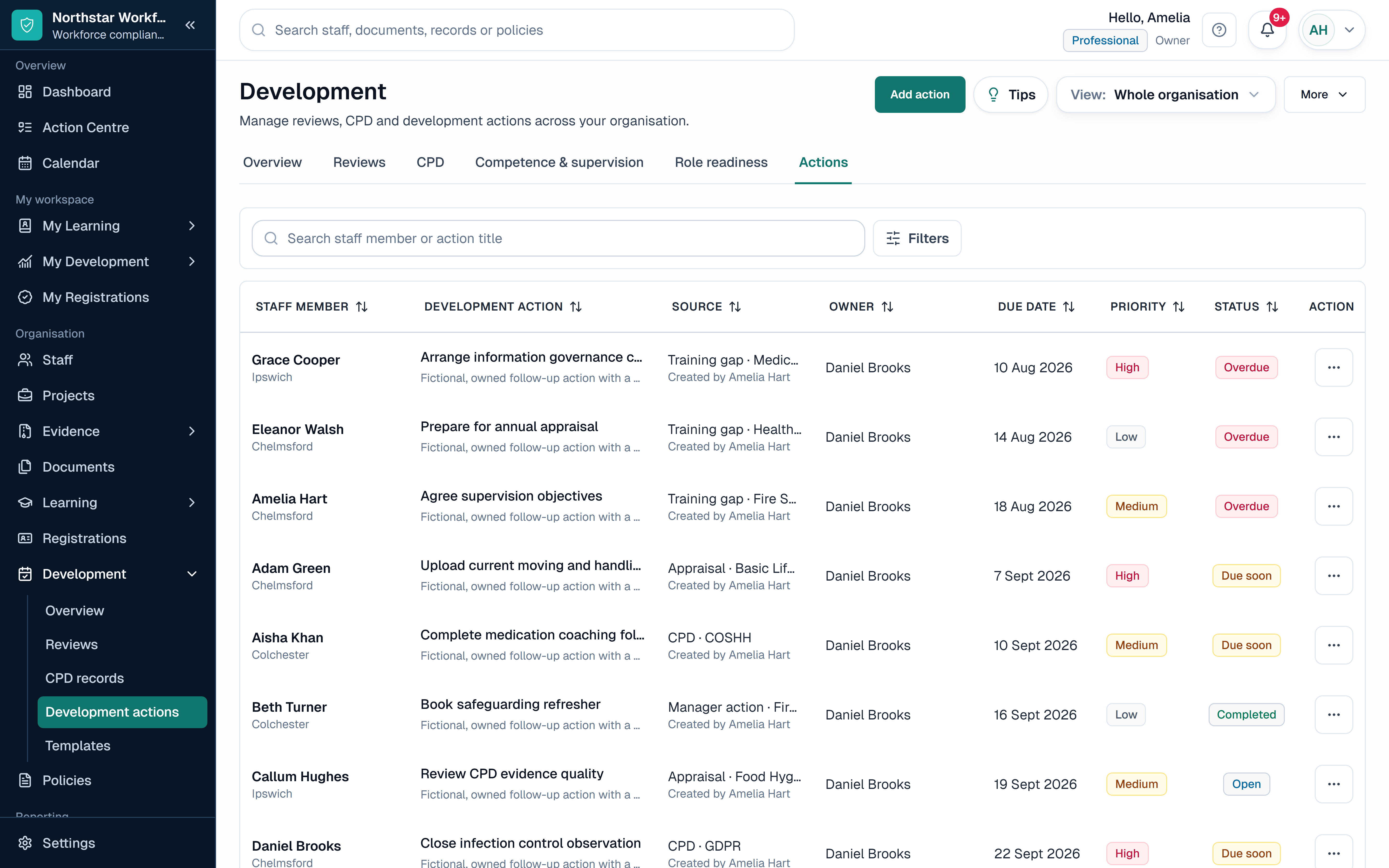 SkillProof Development workspace showing fictional CPD, appraisal and competence records.