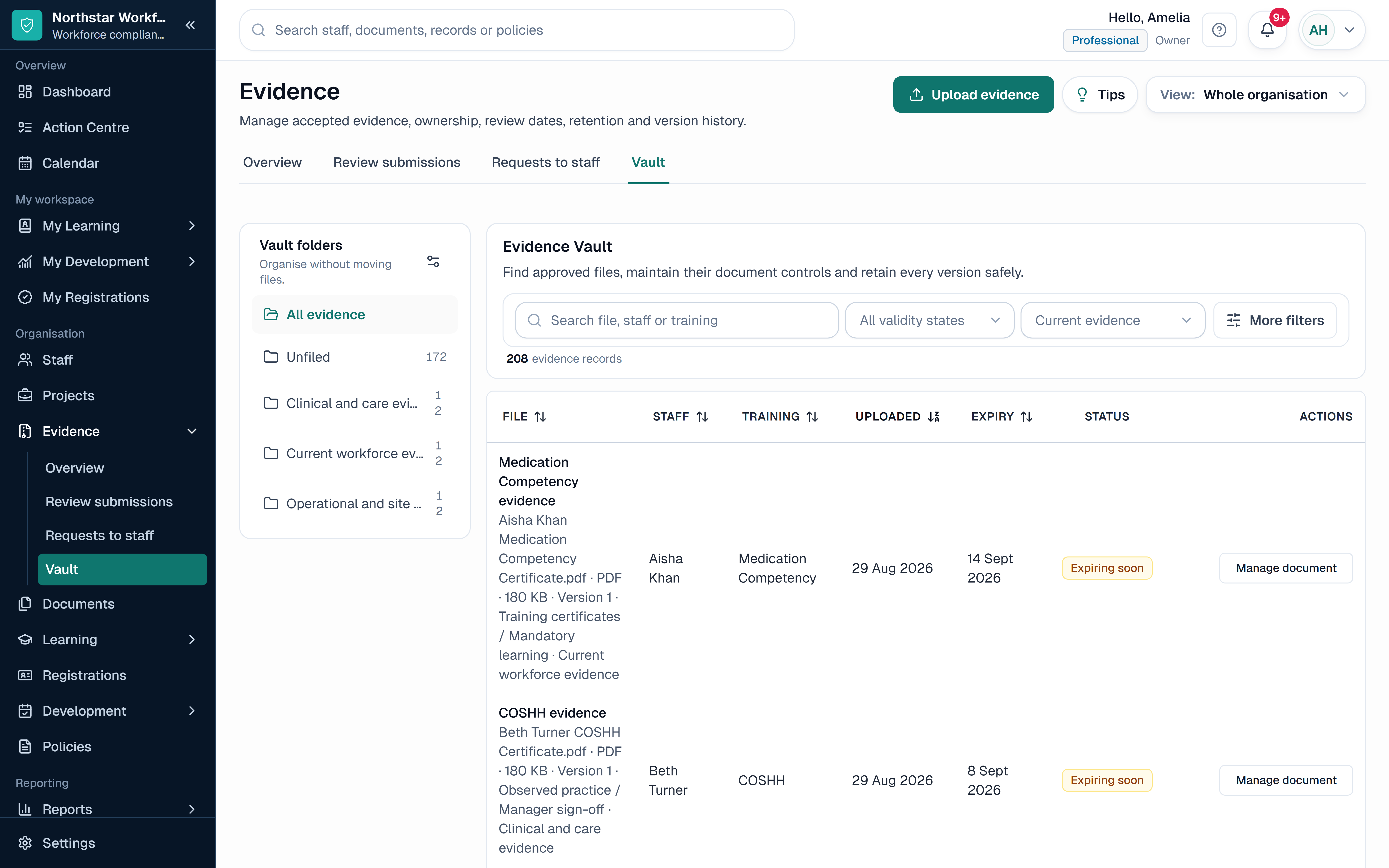 SkillProof Evidence workspace showing fictional evidence requests and review status in a current product example.