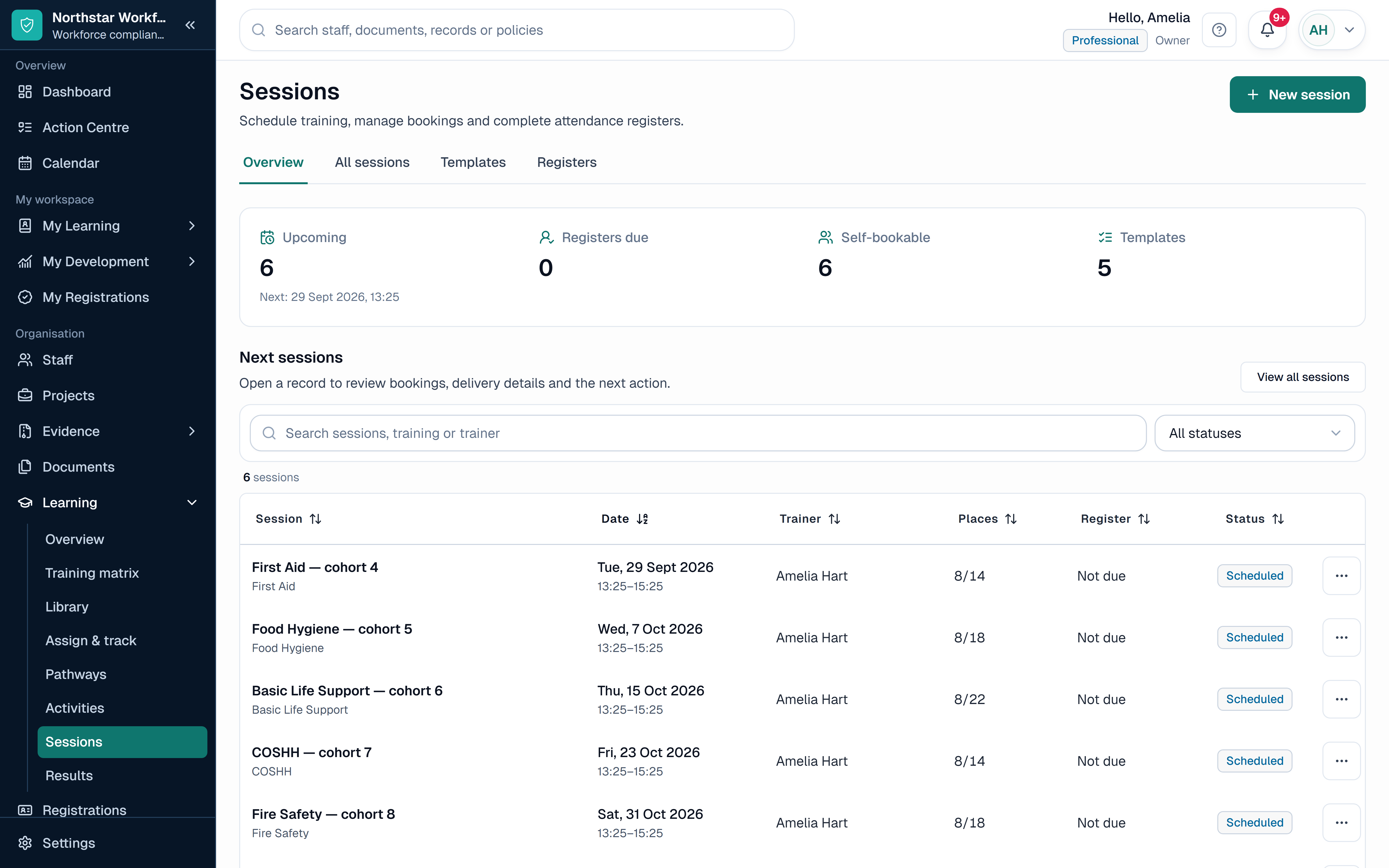 SkillProof Sessions workspace showing fictional scheduled staff training and attendance records.