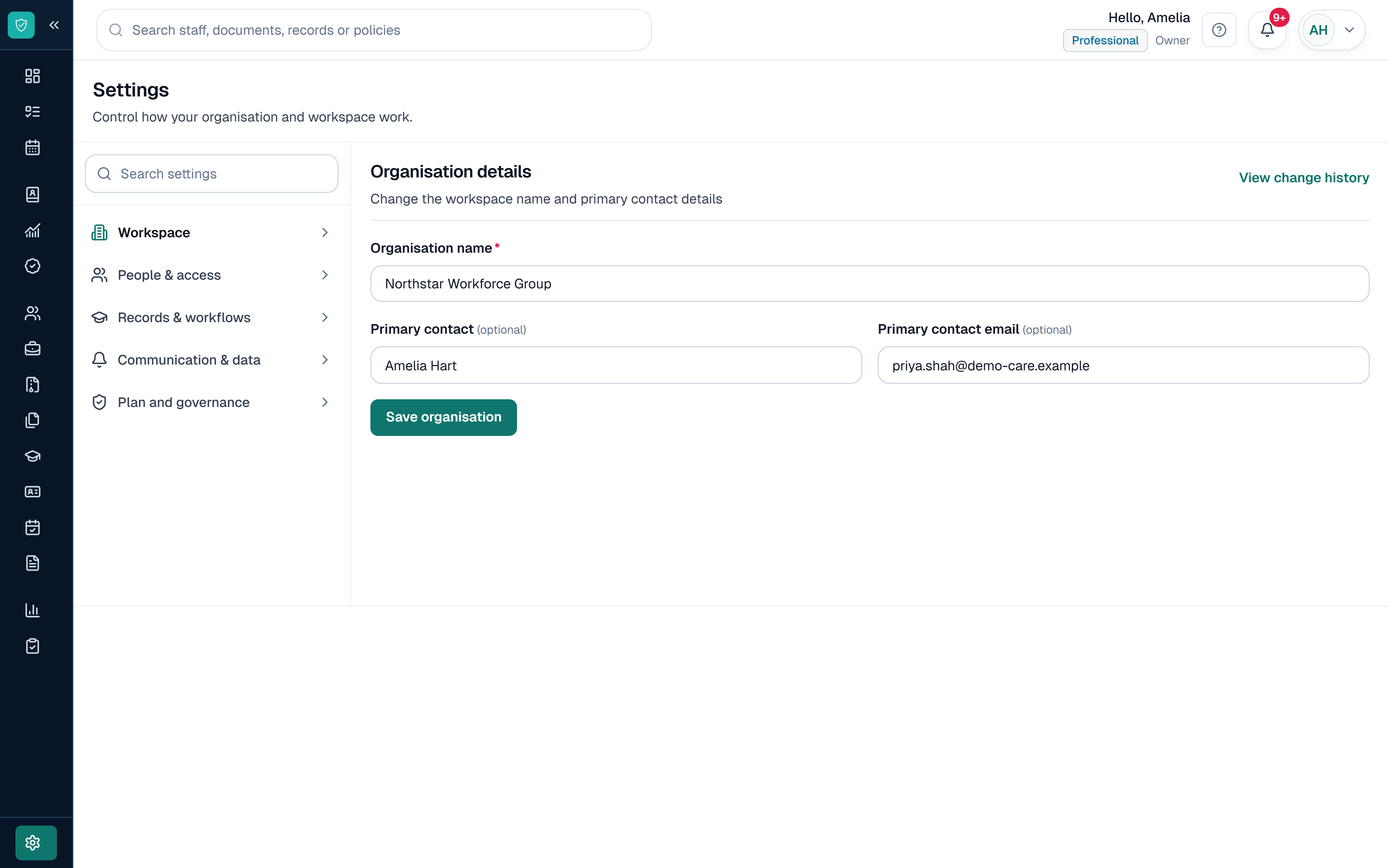 SkillProof Settings workspace showing fictional module setup, Training Passport sharing and Integration Hub navigation.