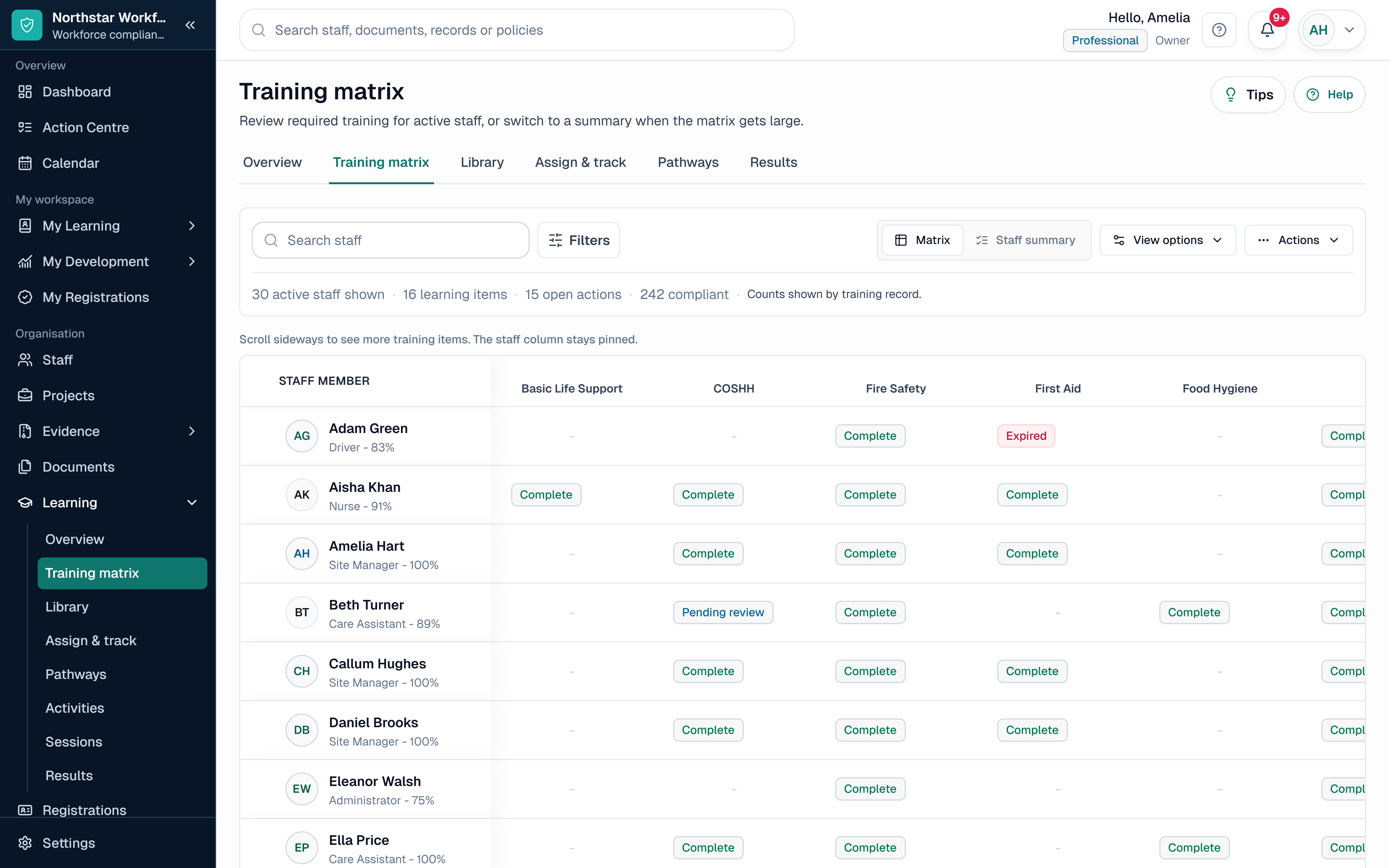 SkillProof training matrix showing safe demo training status across staff records.