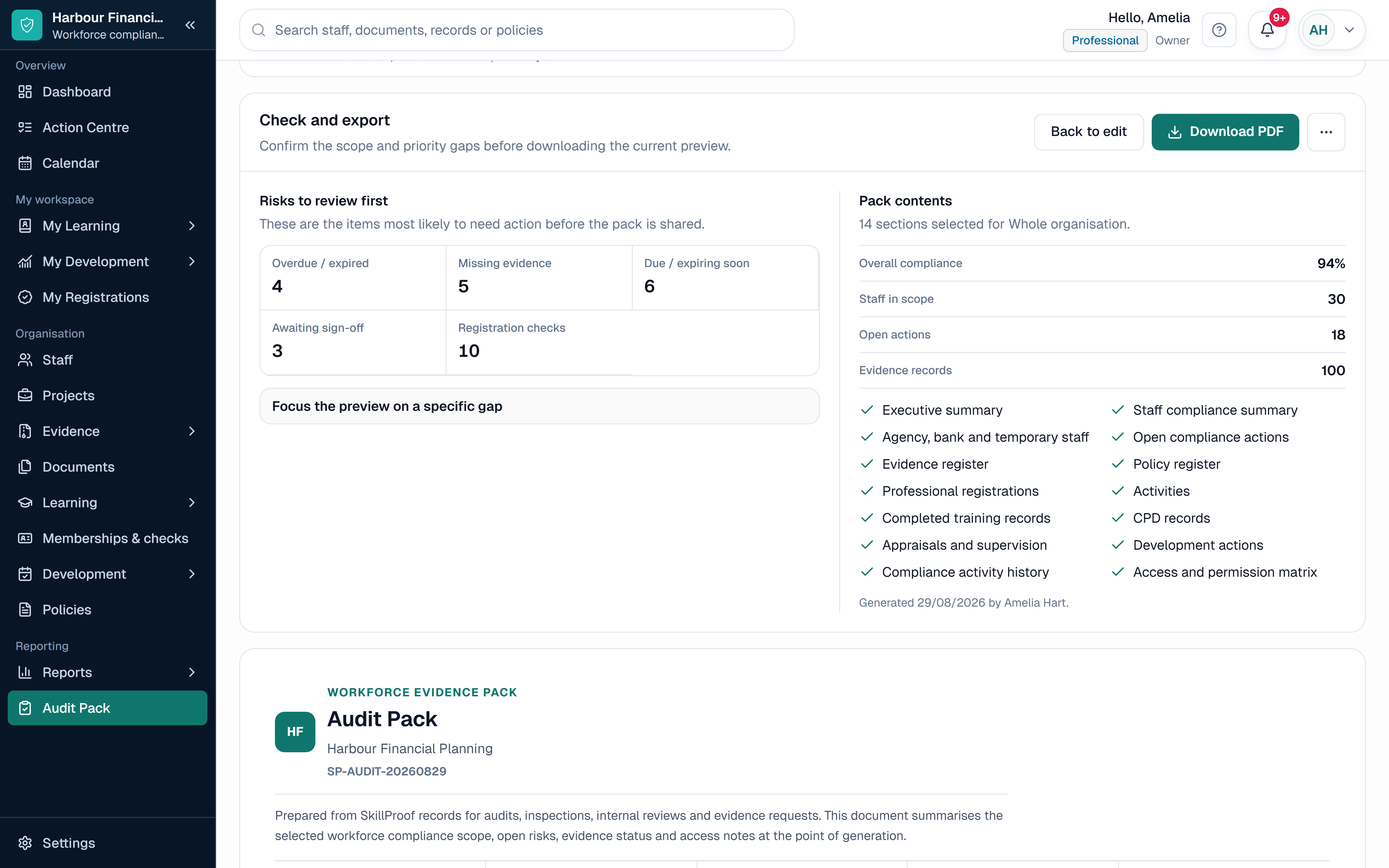 SkillProof Audit Pack showing fictional financial-advice workforce assurance records in a sector-specific workspace.
