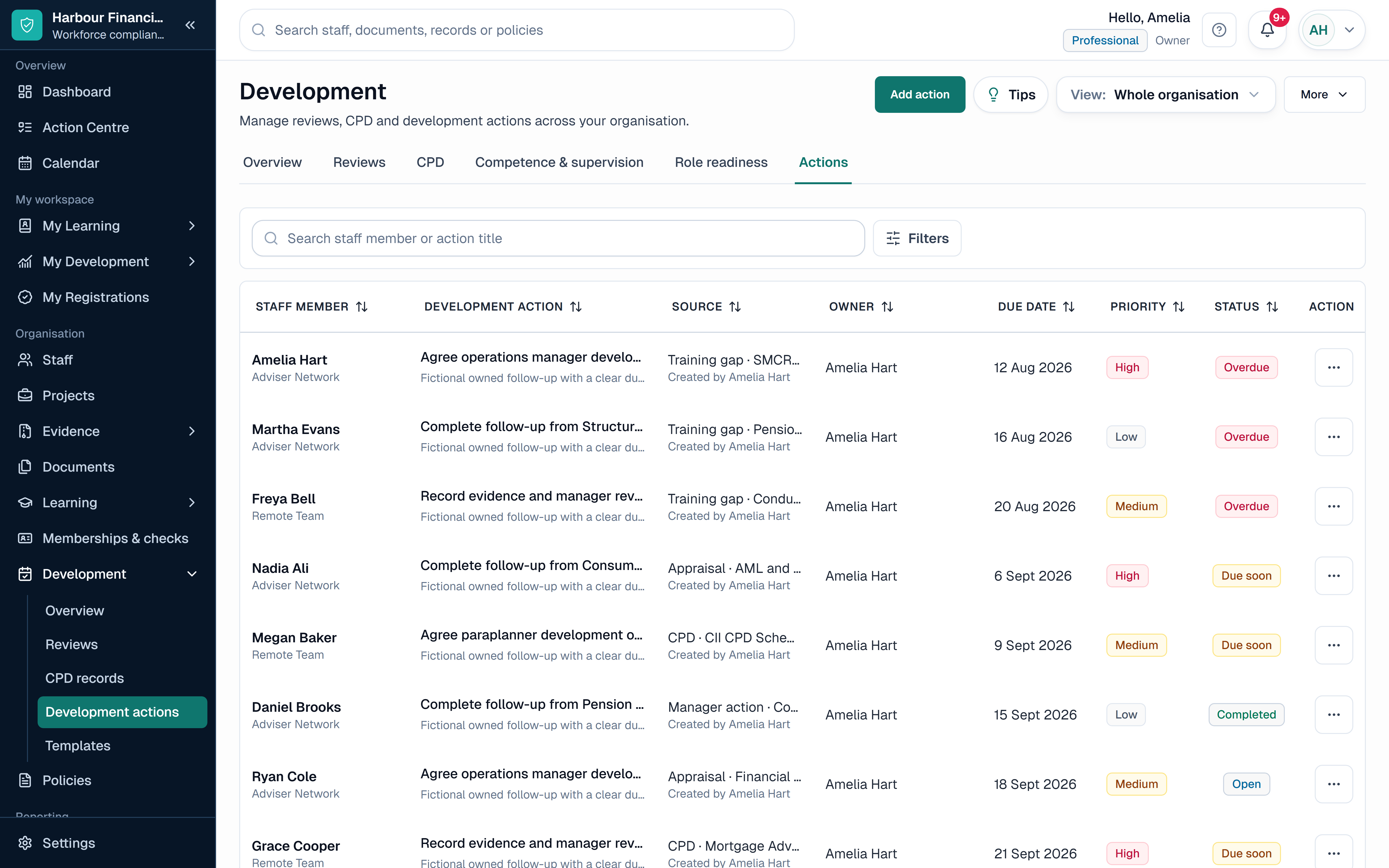 SkillProof Adviser CPD and development showing fictional adviser CPD, competence and development records in a sector-specific workspace.
