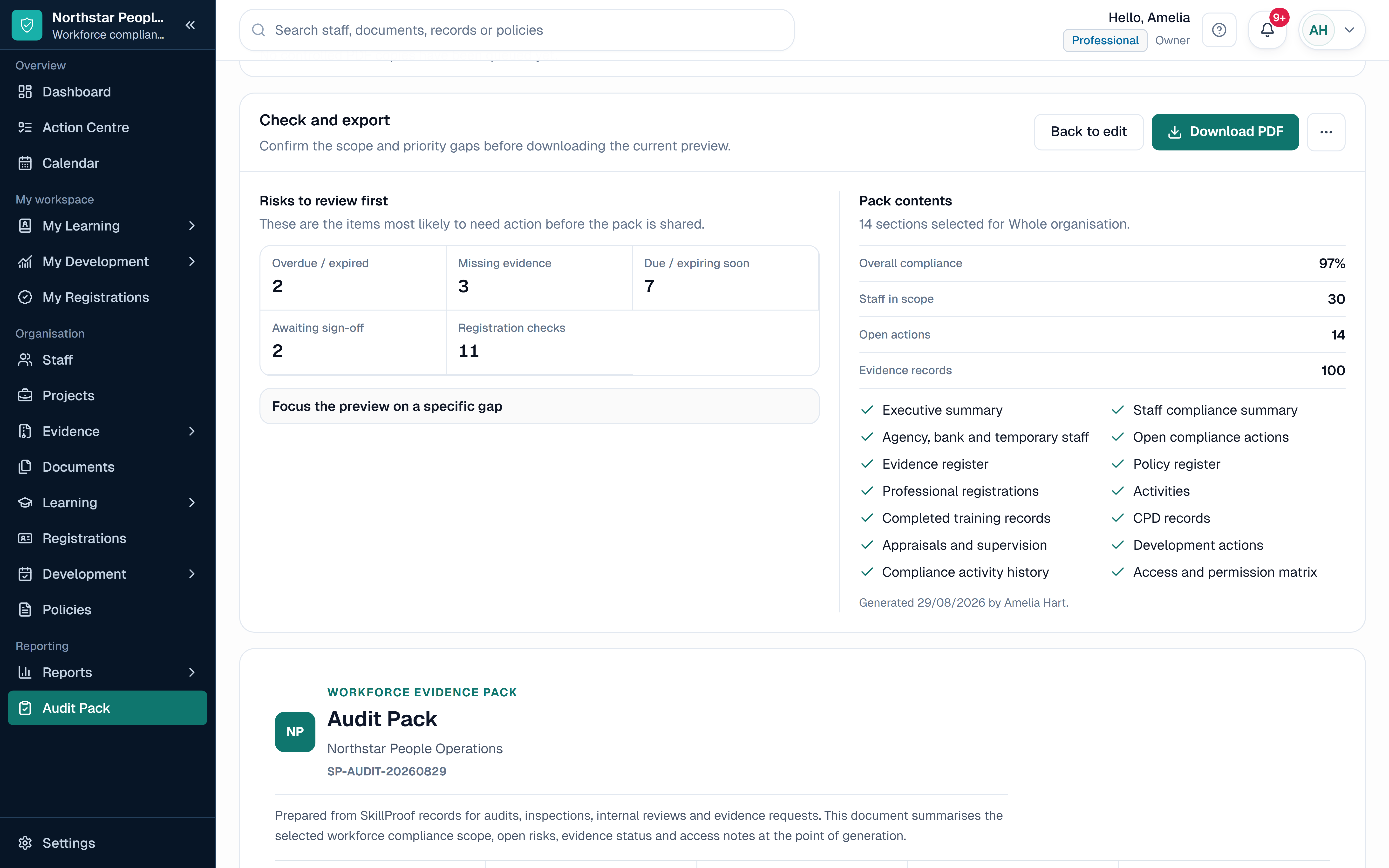SkillProof Audit Pack showing fictional HR workforce records in a sector-specific workspace.
