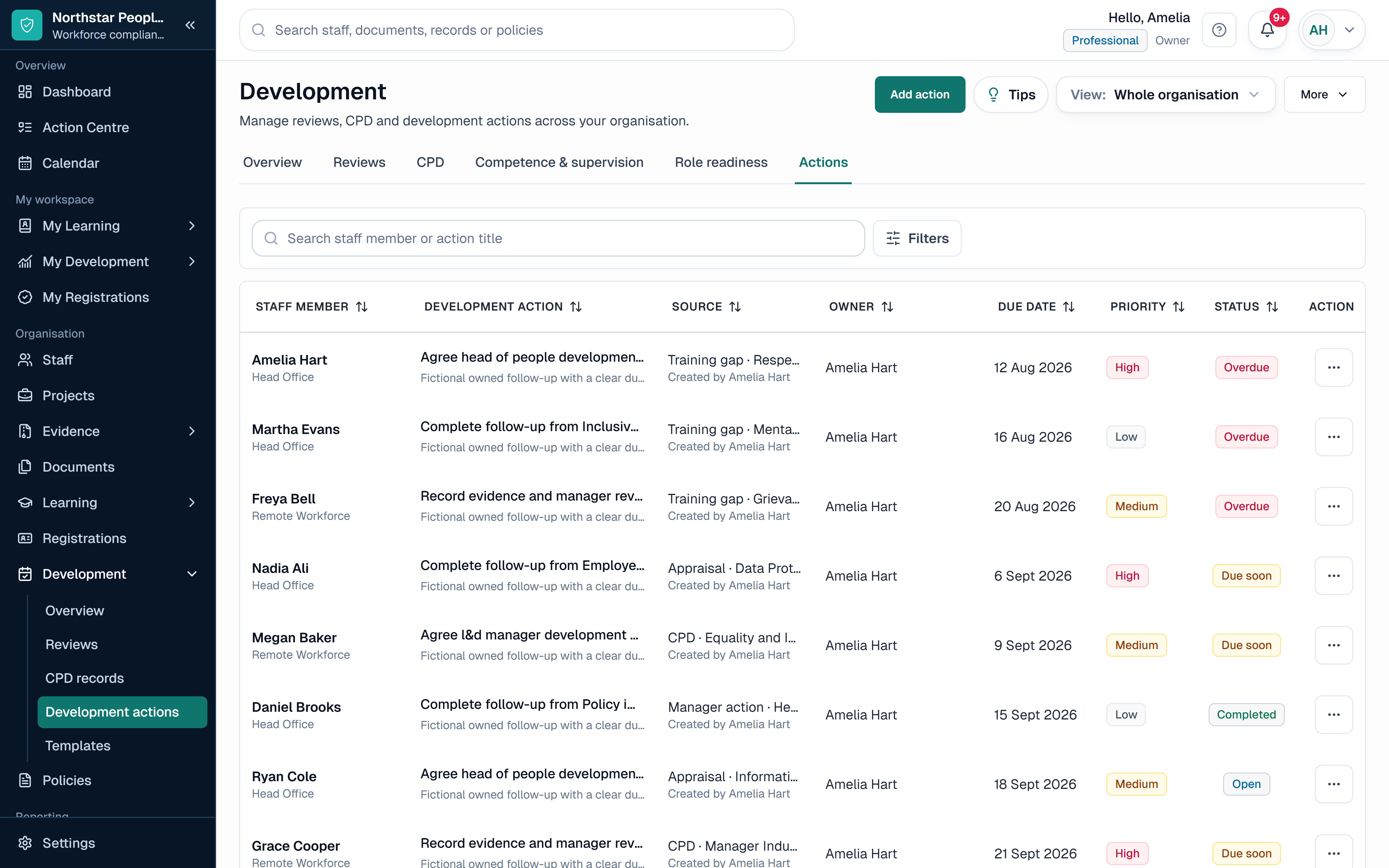 SkillProof Appraisals and development showing fictional HR appraisal and development records in a sector-specific workspace.