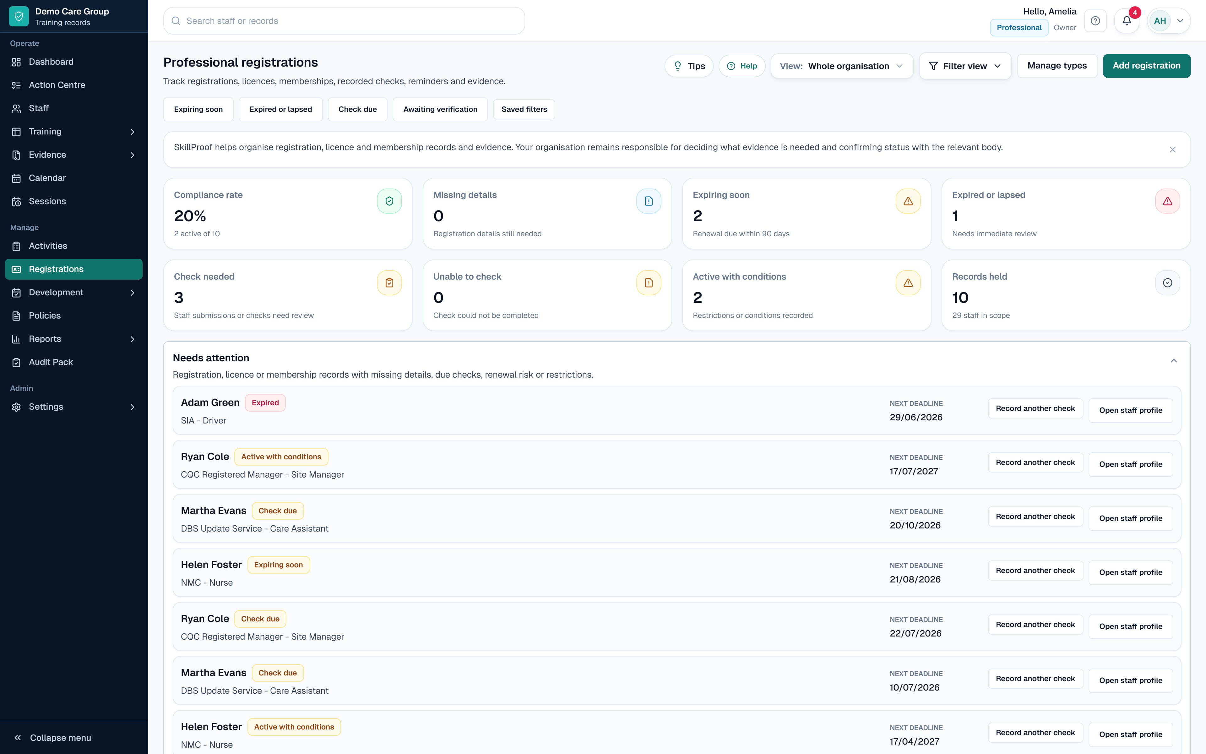 SkillProof professional records view showing registration-style records, renewal dates and review status using safe demo data.
