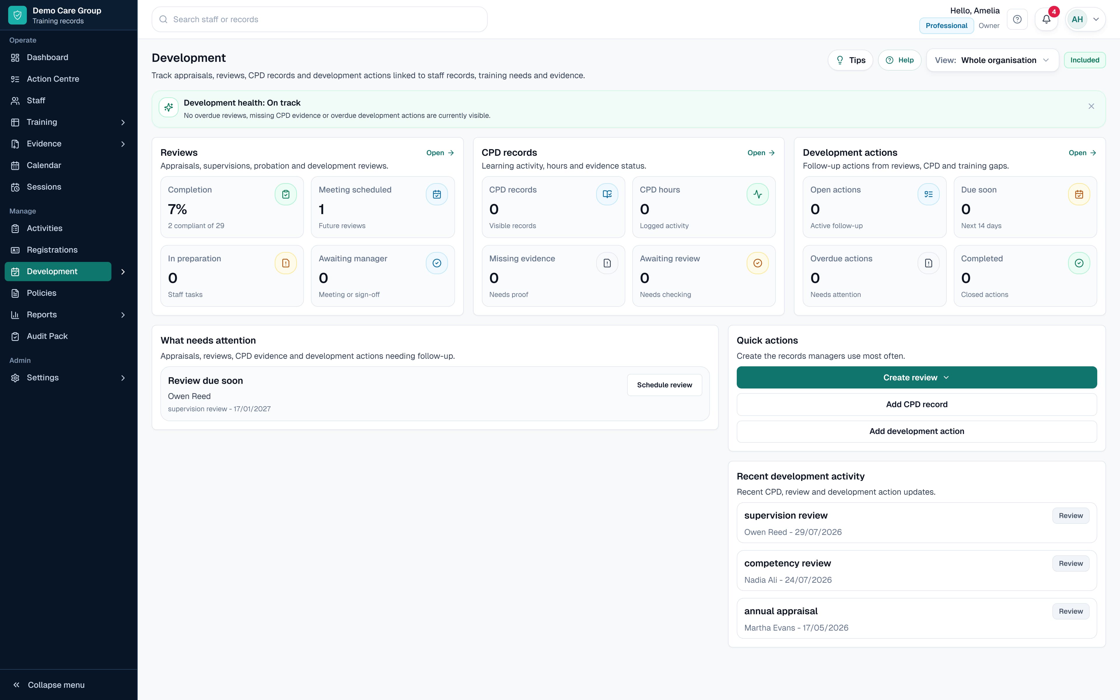SkillProof sample workspace preview showing CPD and development records using safe demo data.
