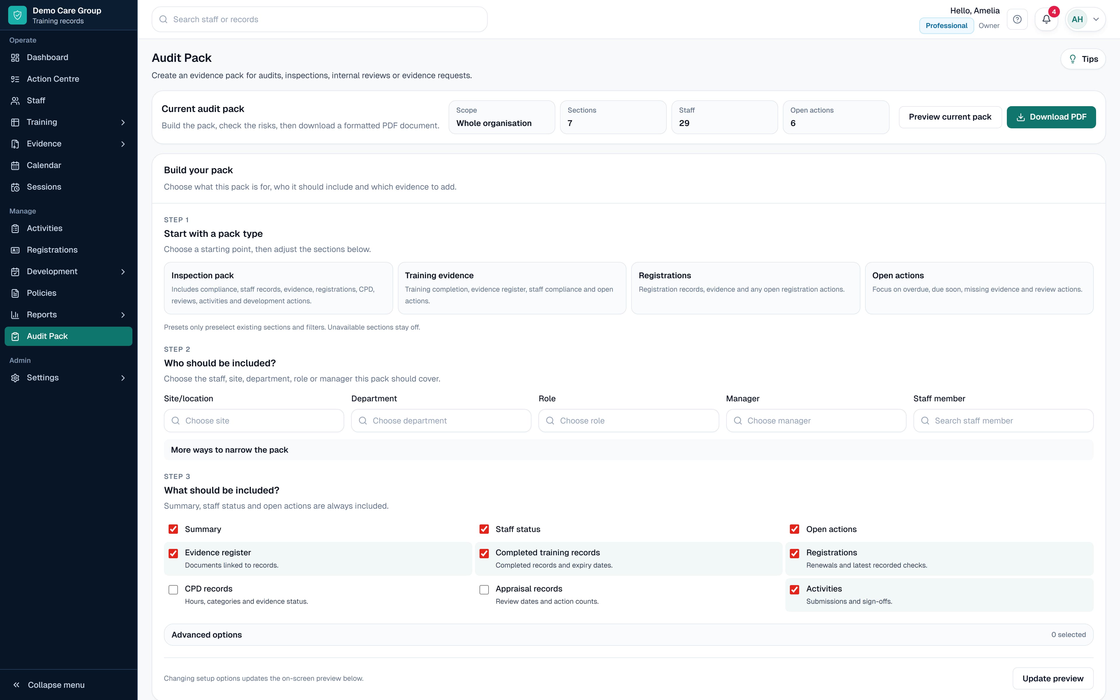 SkillProof Audit Pack preview showing audit-ready reporting sections.