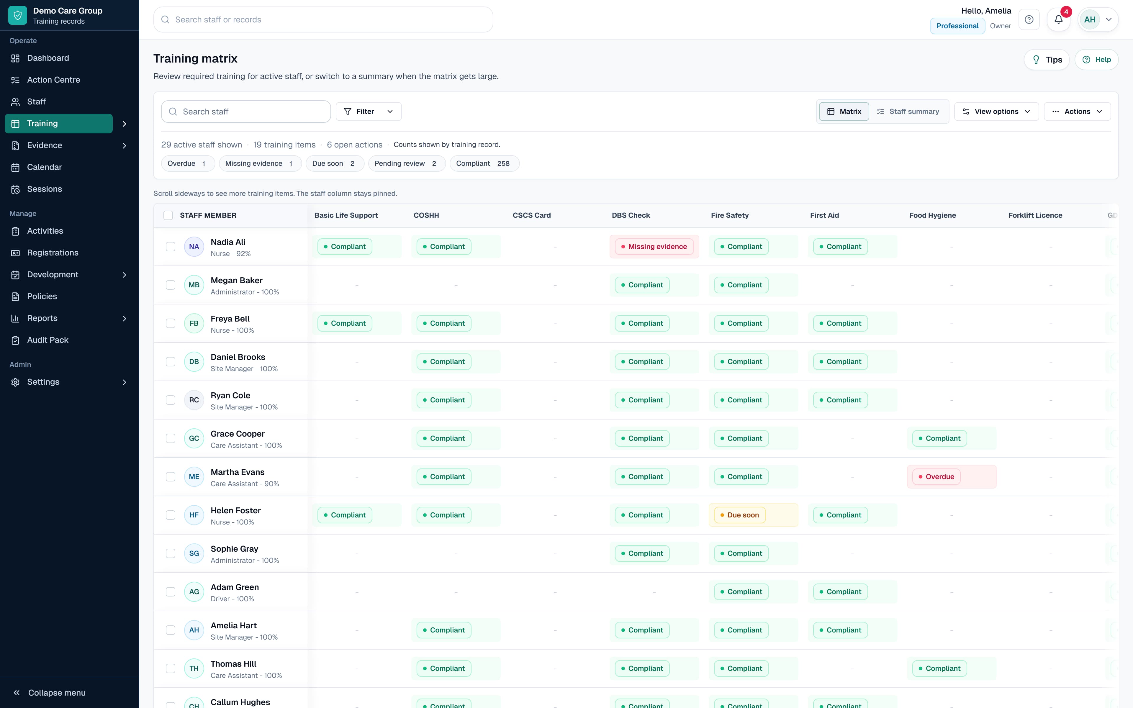 SkillProof training matrix showing overdue, due soon, missing evidence and compliant training records