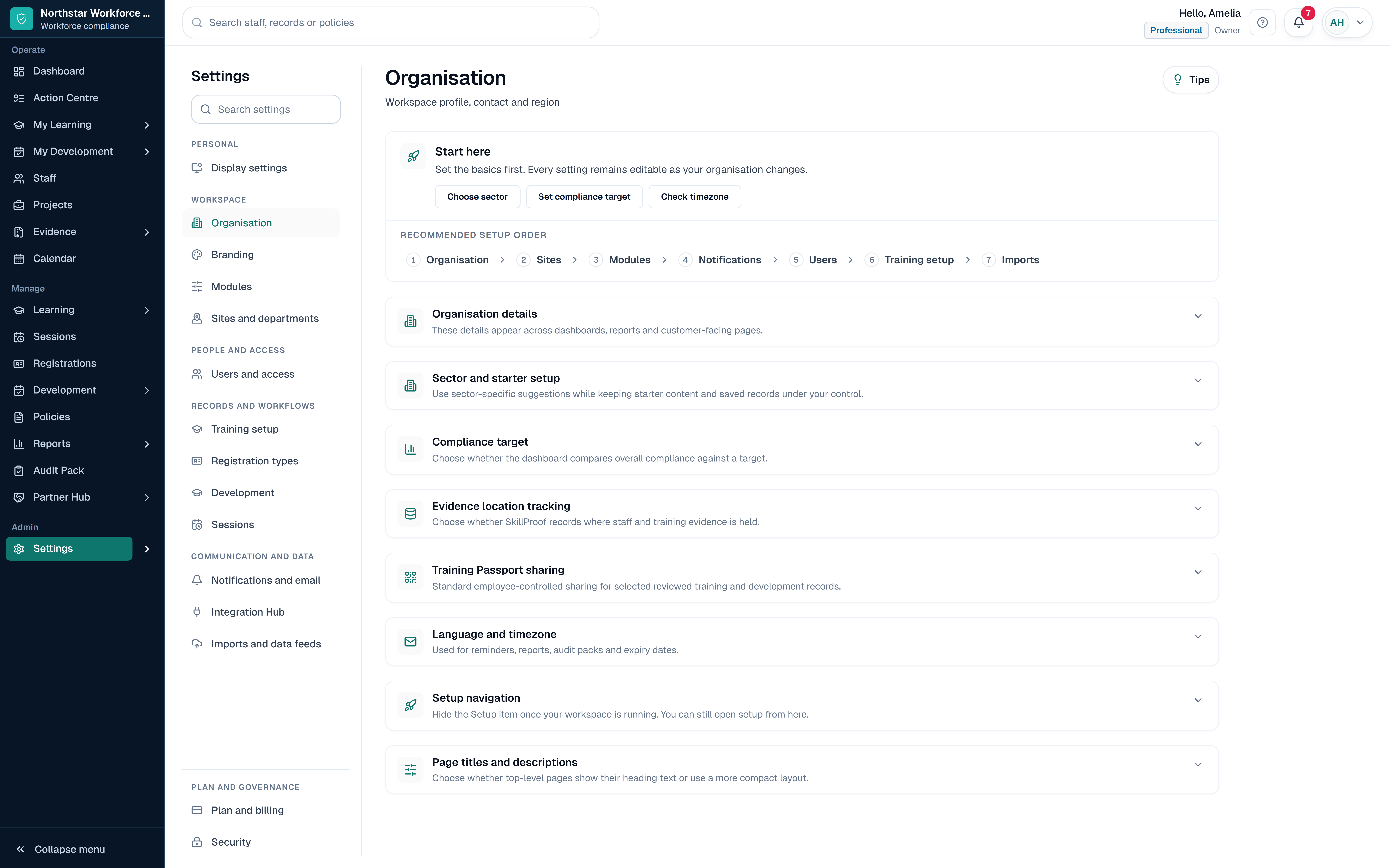 SkillProof Settings workspace showing fictional module setup, Training Passport sharing and Integration Hub navigation.
