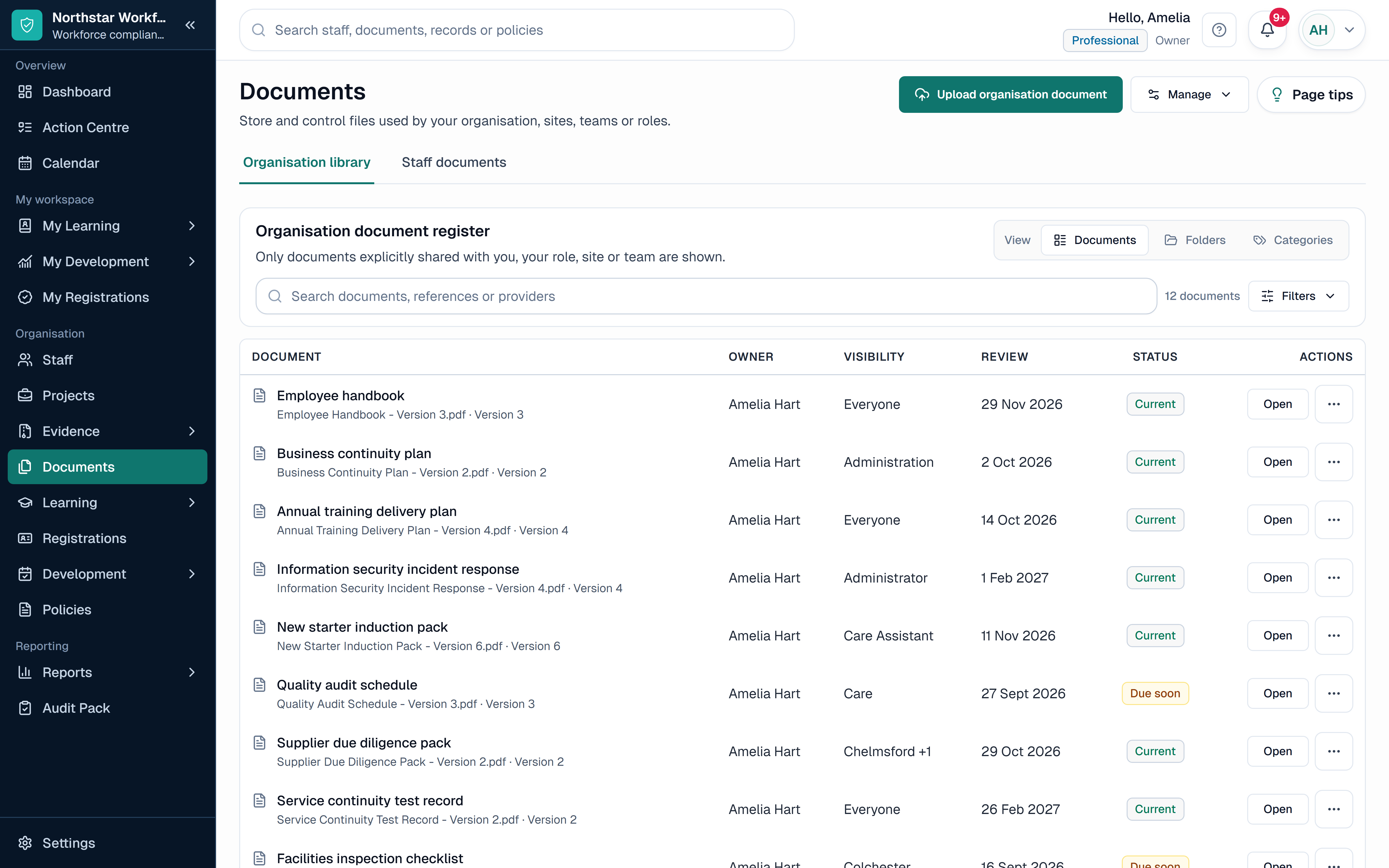 SkillProof Documents workspace showing fictional organisation and staff document records.