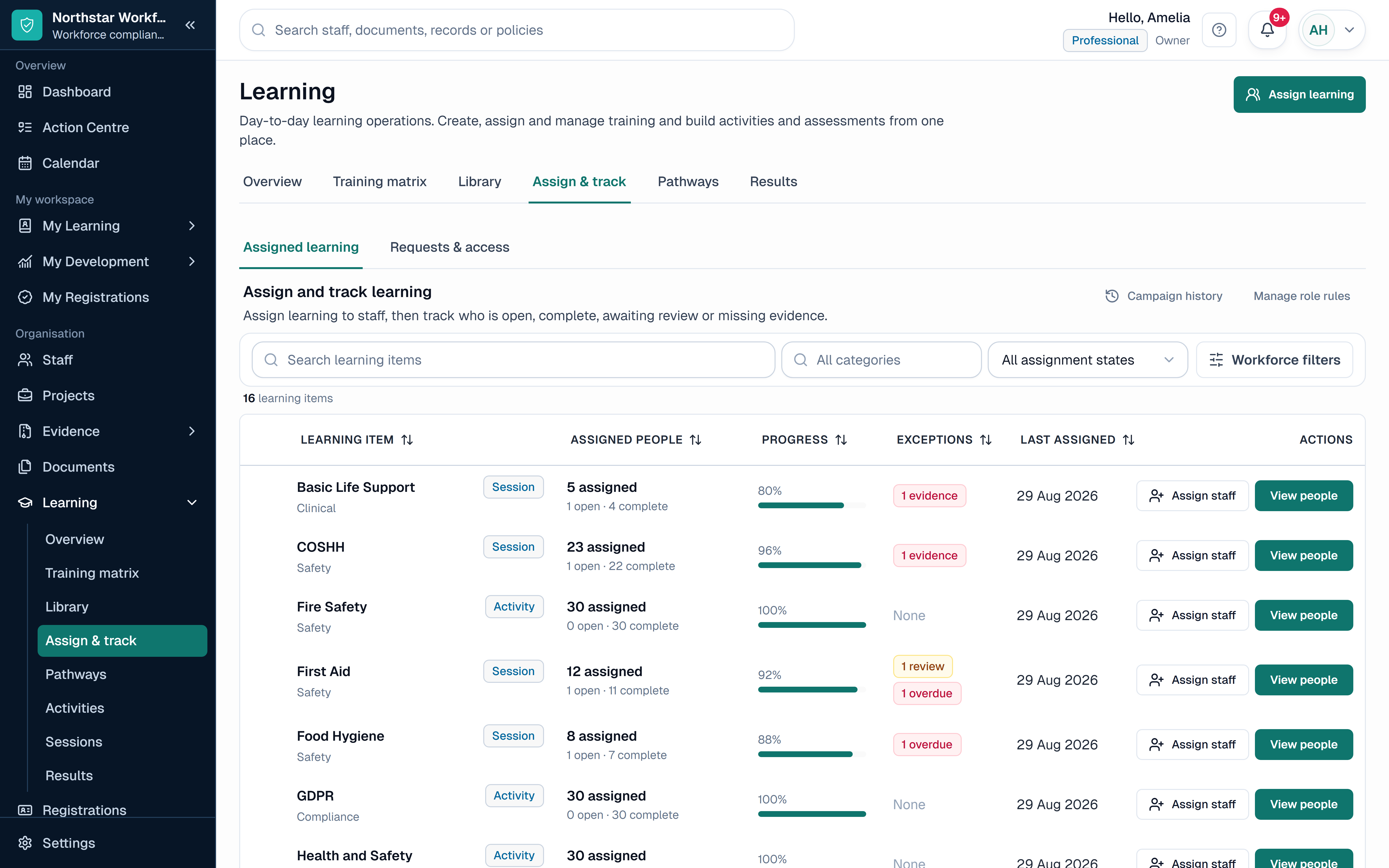 SkillProof Learning workspace showing fictional internal courses and learner progress.