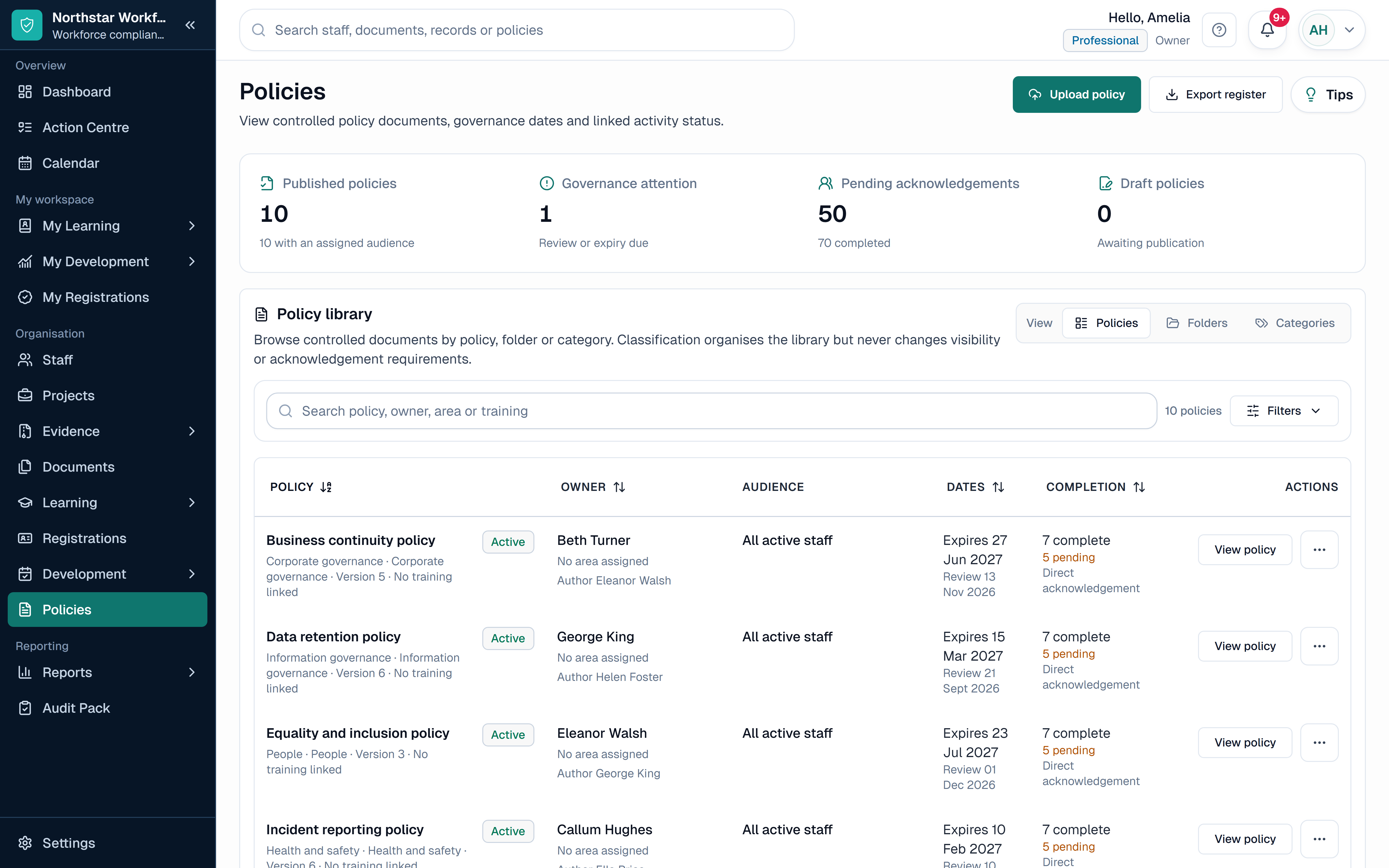 SkillProof Policies workspace showing fictional governed versions, owners and review dates.