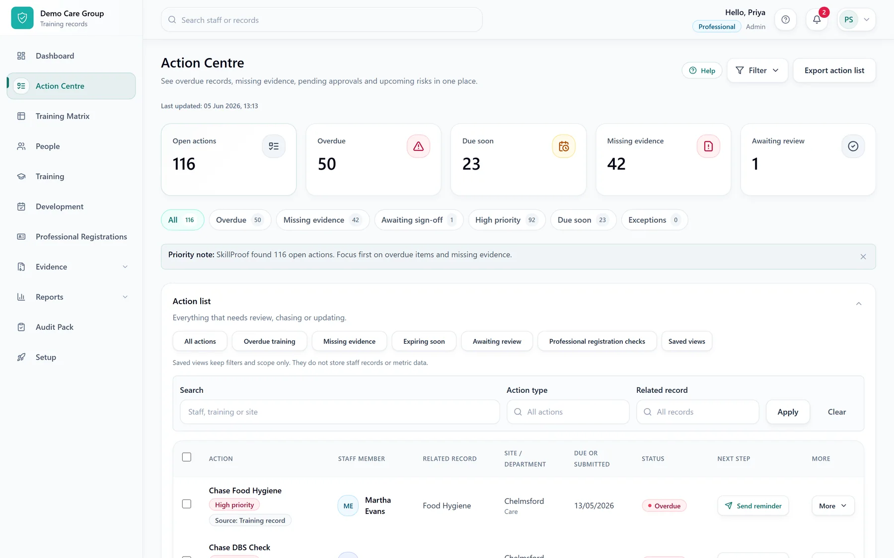SkillProof Action Centre showing workforce compliance actions.