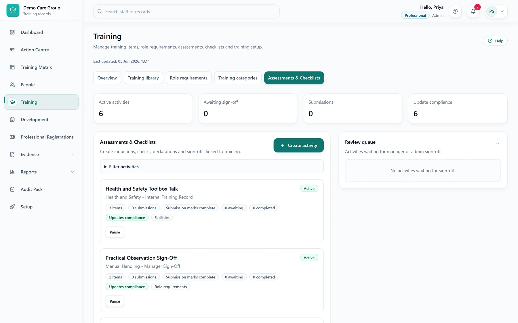 SkillProof Assessments page showing assessment and checklist records.