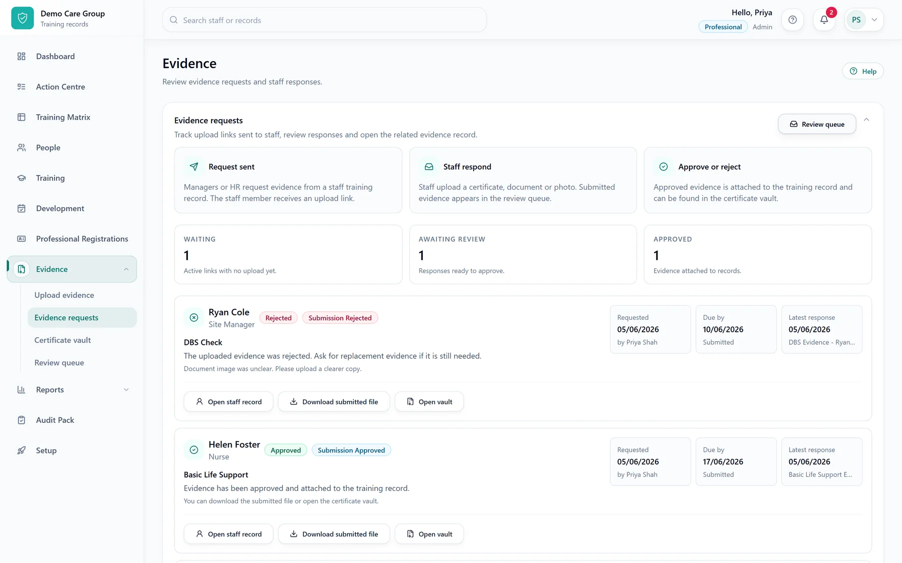 SkillProof Evidence page showing evidence requests and review status.