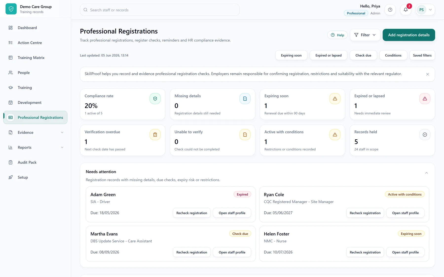 SkillProof Professional Registrations page showing registration status and renewal dates.