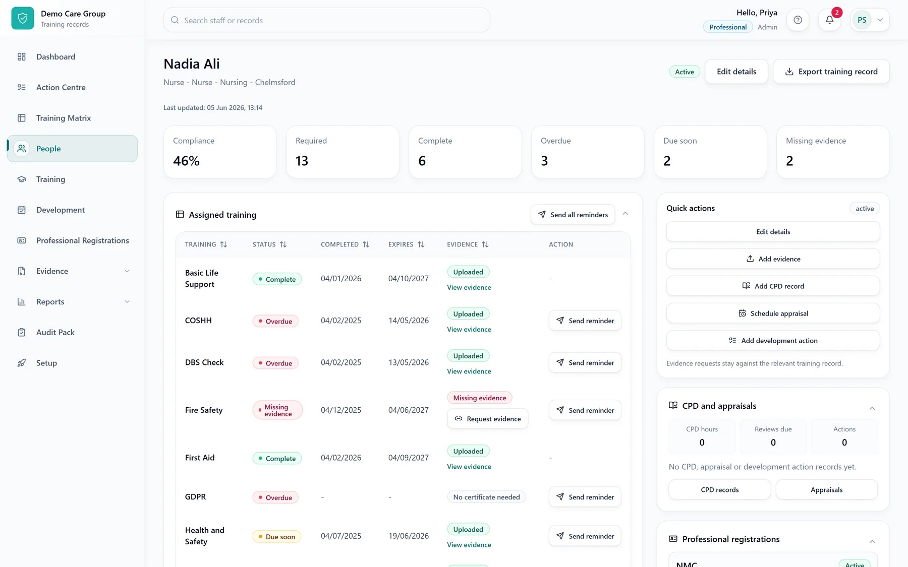 SkillProof staff profile showing connected workforce records.
