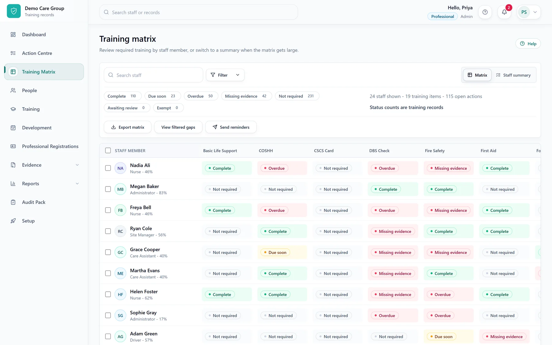 SkillProof Training Matrix showing library-backed training requirements.